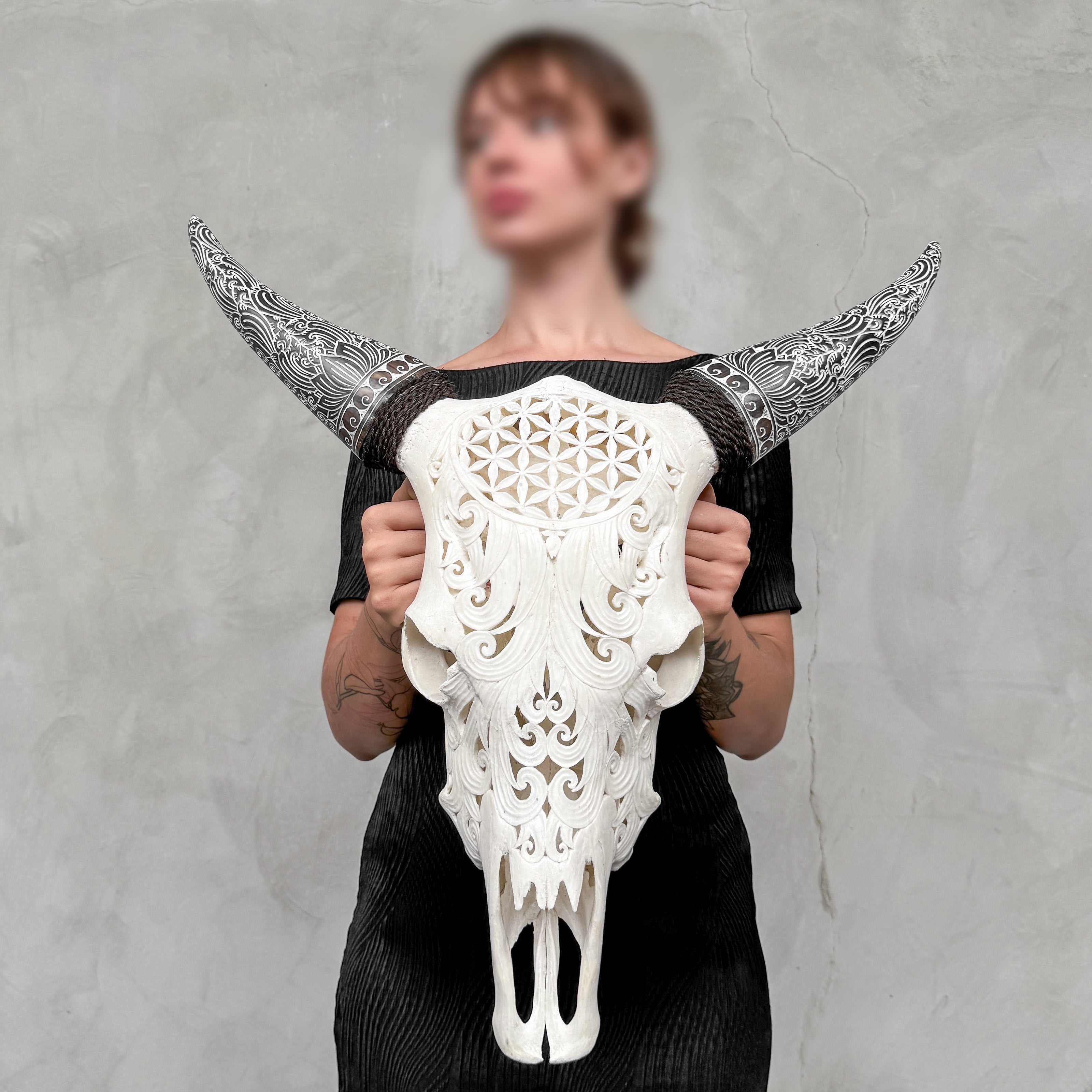 Fully carved cow skulls with Flower Of life Carving Skull,A/080