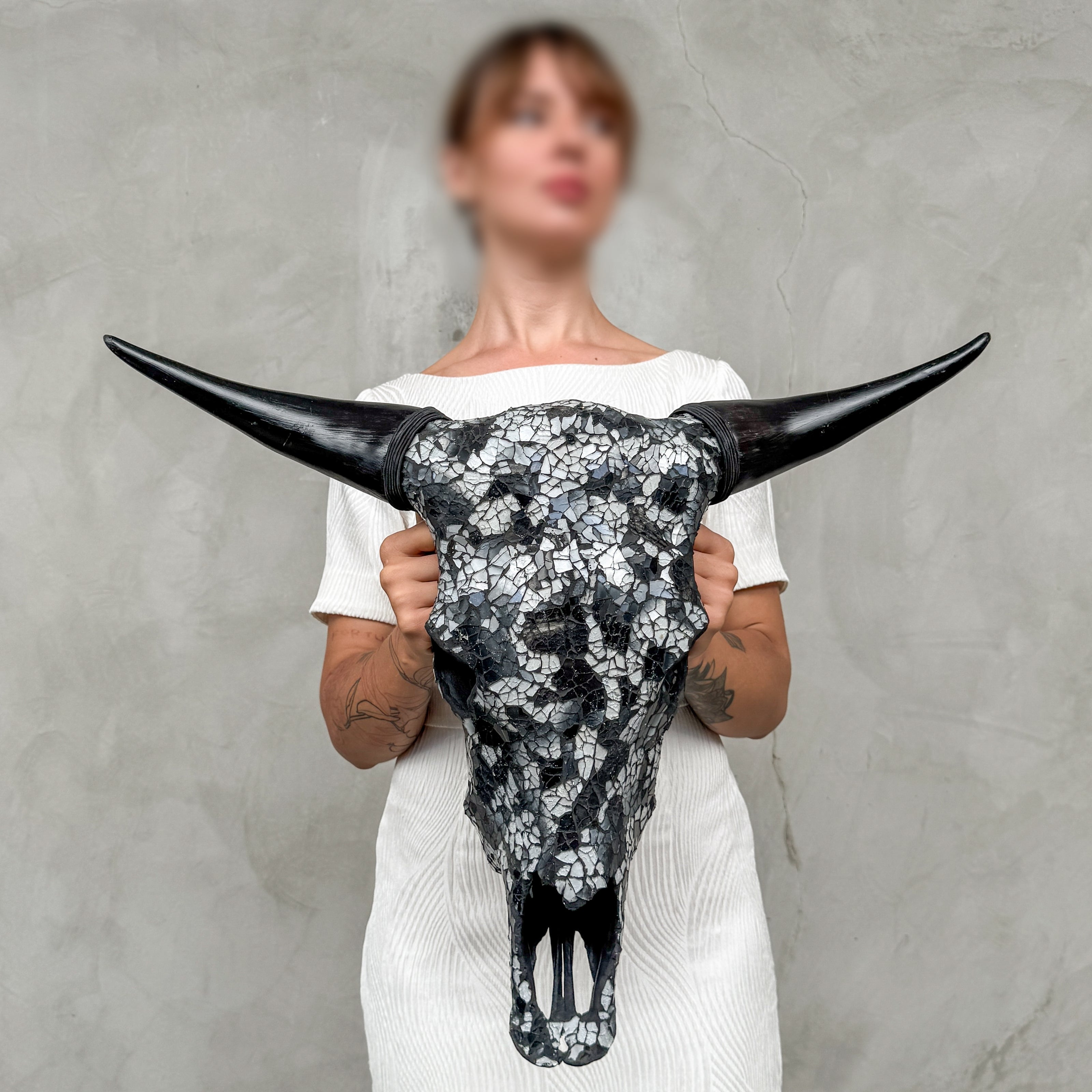 Black & Silver Mosaic Cow Skull | Taxidermy Wall Art for Modern Boho or Western Decor