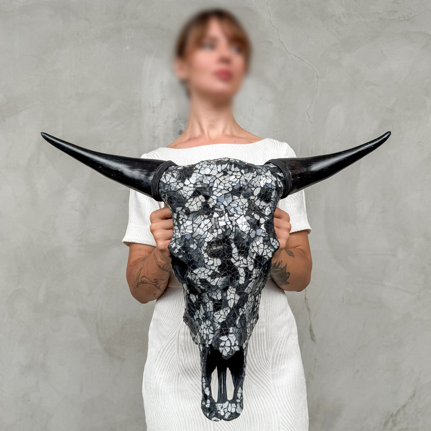 Black & Silver Mosaic Cow Skull | Taxidermy Wall Art for Modern Boho or Western Decor