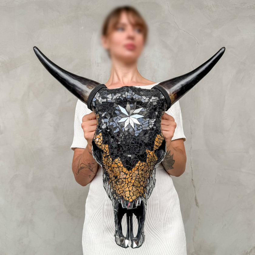 Star Gold Black Silver Mosaic Cow Skull | Taxidermy Wall Art for Modern Boho or Western Decor