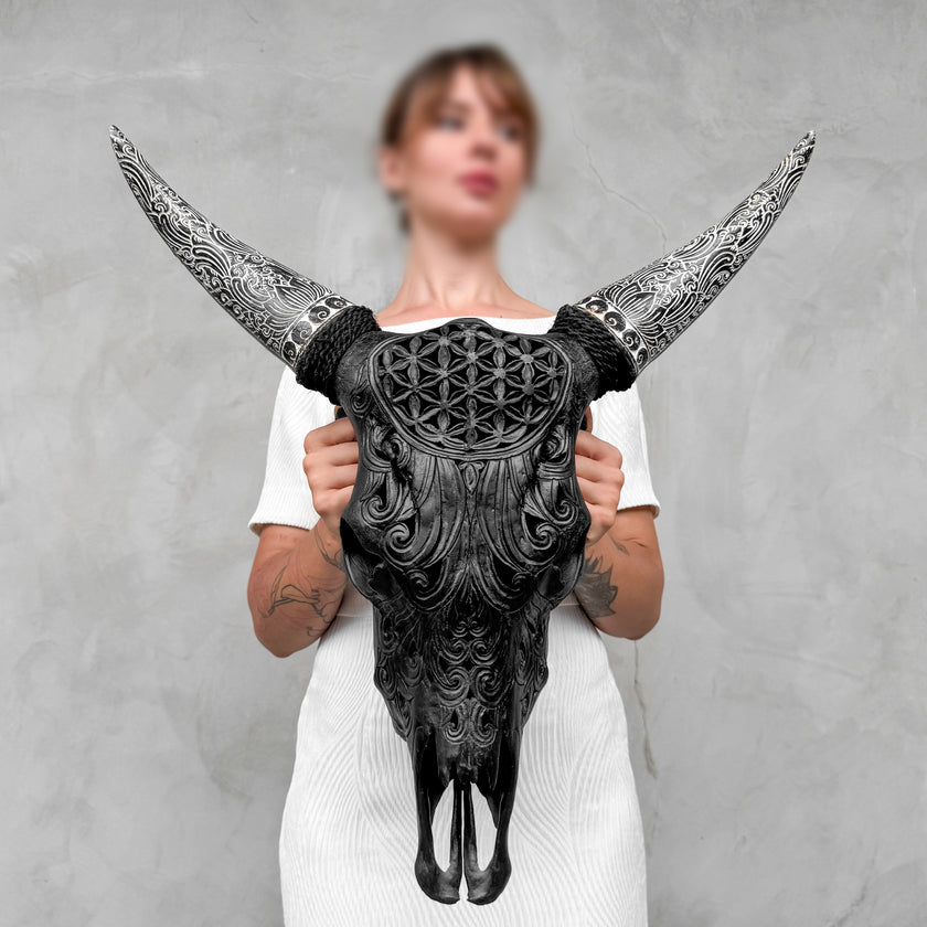Fully carved cow skulls with Flower Of life Carving Skull,A/082