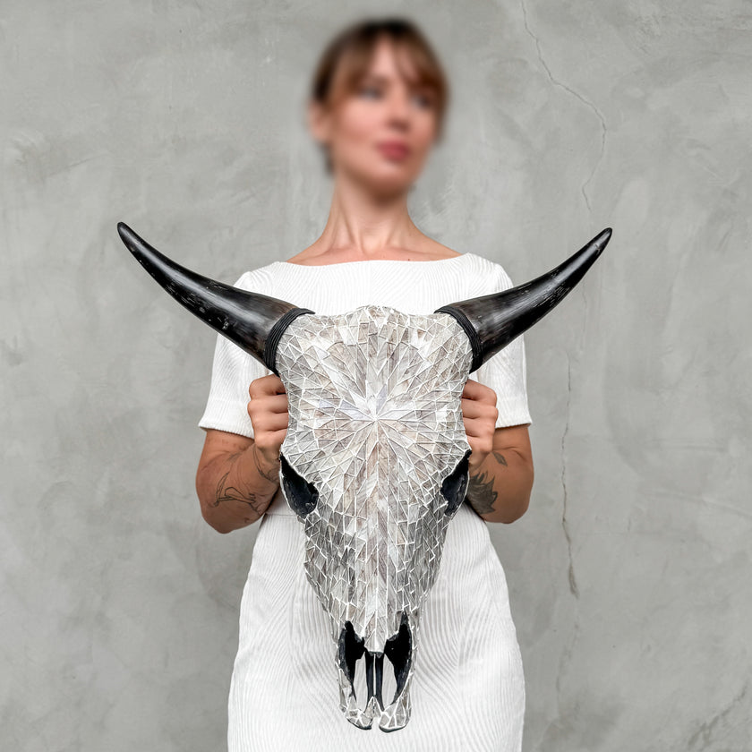 Warm White Mosaic Cow Skull | Taxidermy Wall Art for Modern Boho or Western Decor