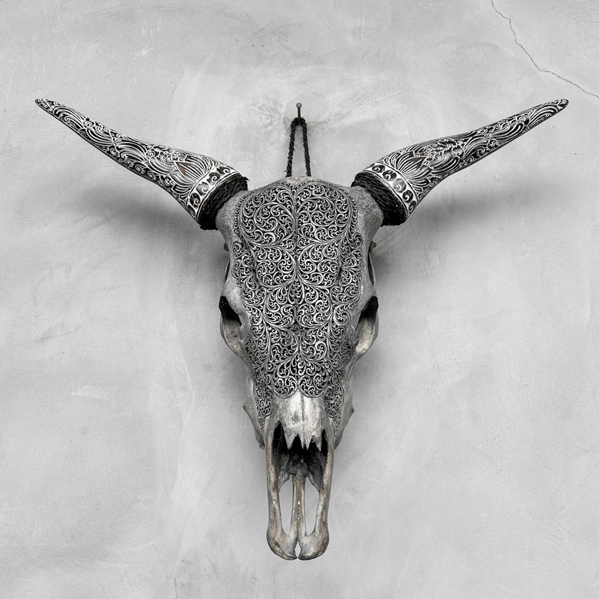 Fully carved cow skulls with Fern Carving Skull,A/085