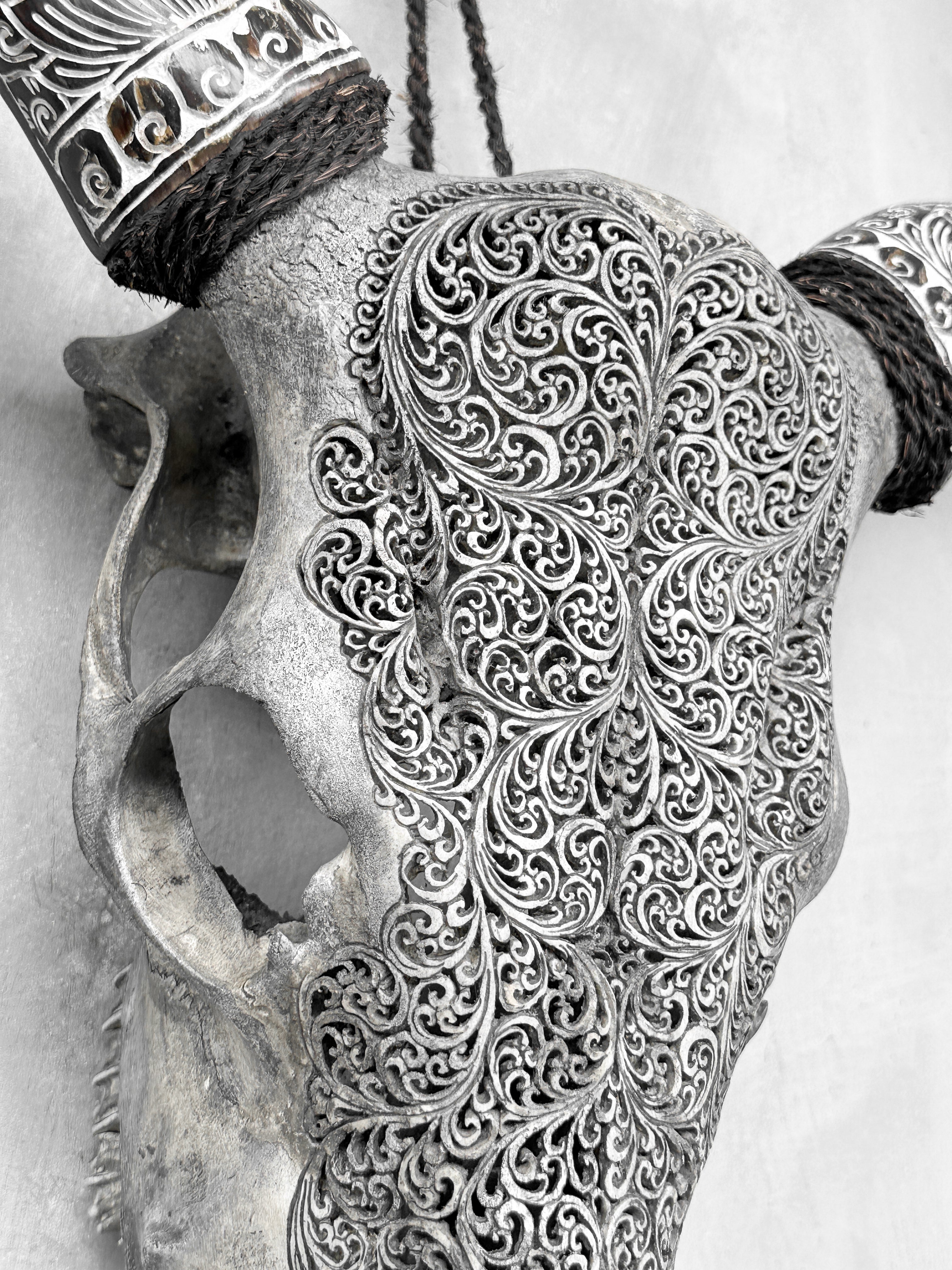 Fully carved cow skulls with Fern Carving Skull,A/085