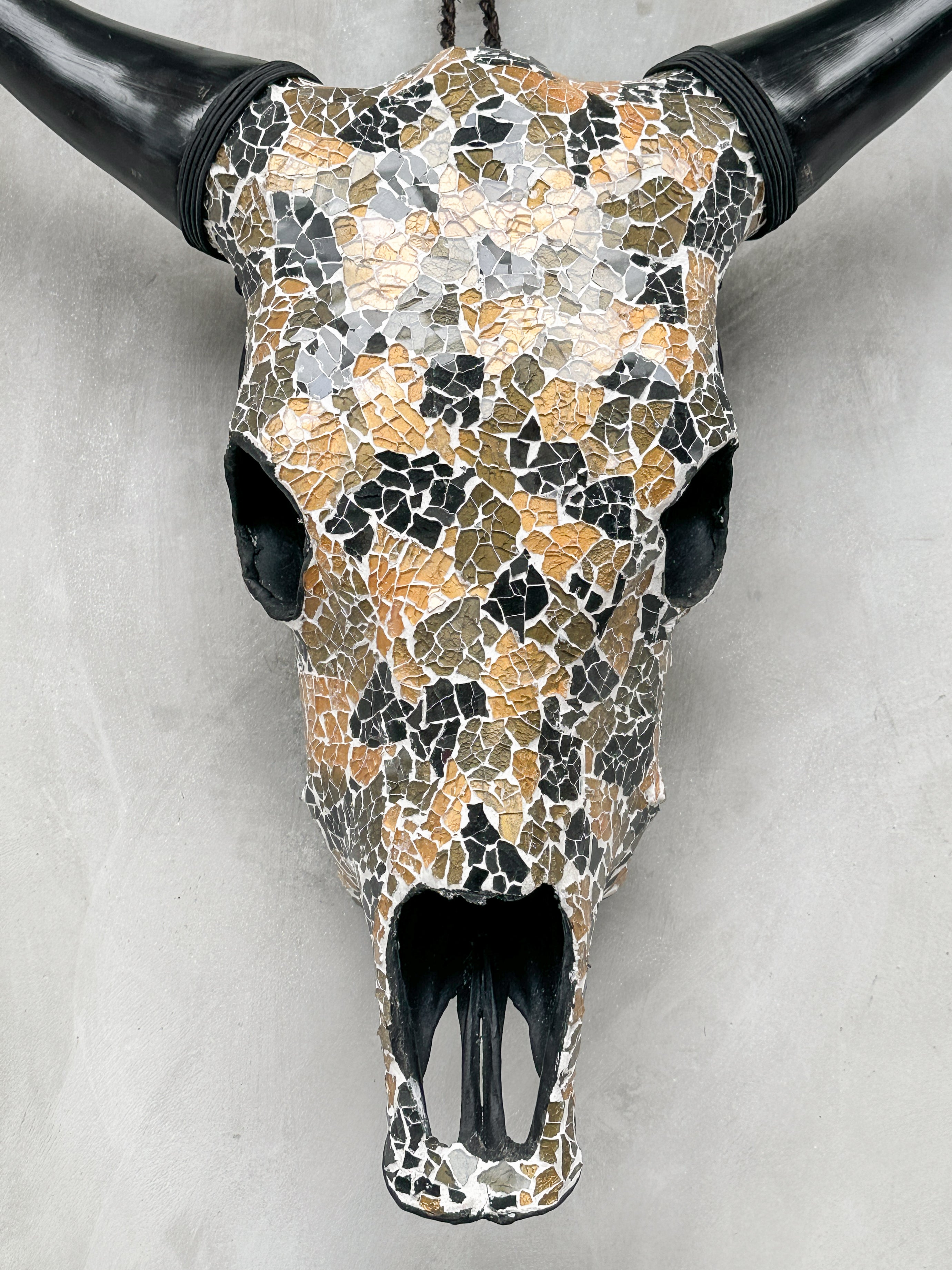 Gold Black Mosaic Cow Skull | Taxidermy Wall Art for Modern Boho or Western Decor