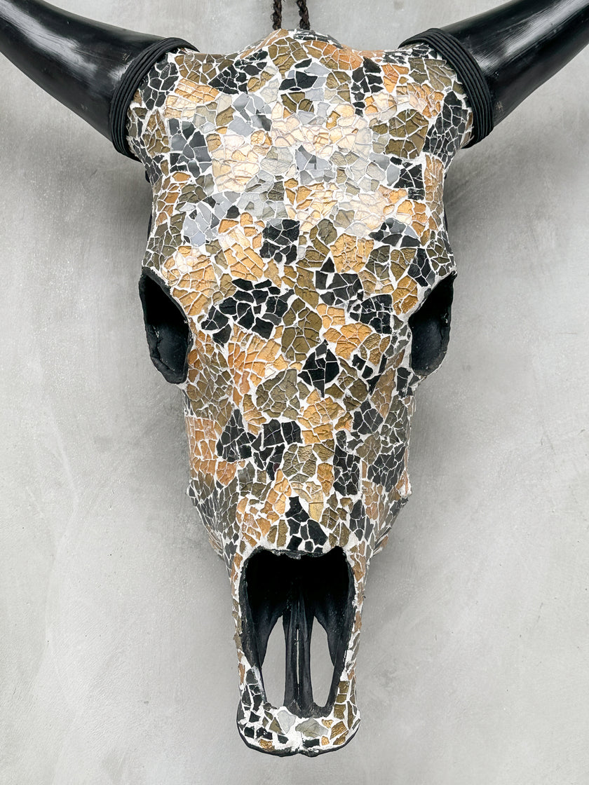 Gold Black Mosaic Cow Skull | Taxidermy Wall Art for Modern Boho or Western Decor