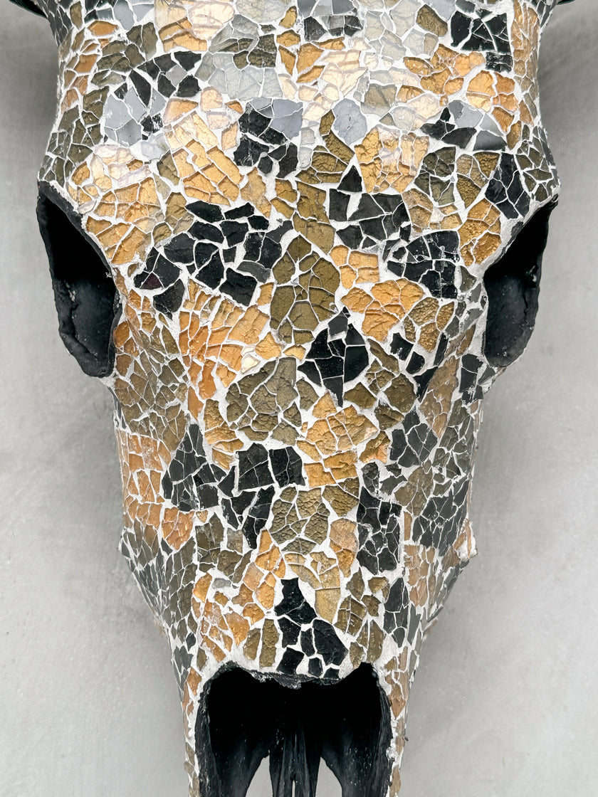Gold Black Mosaic Cow Skull | Taxidermy Wall Art for Modern Boho or Western Decor