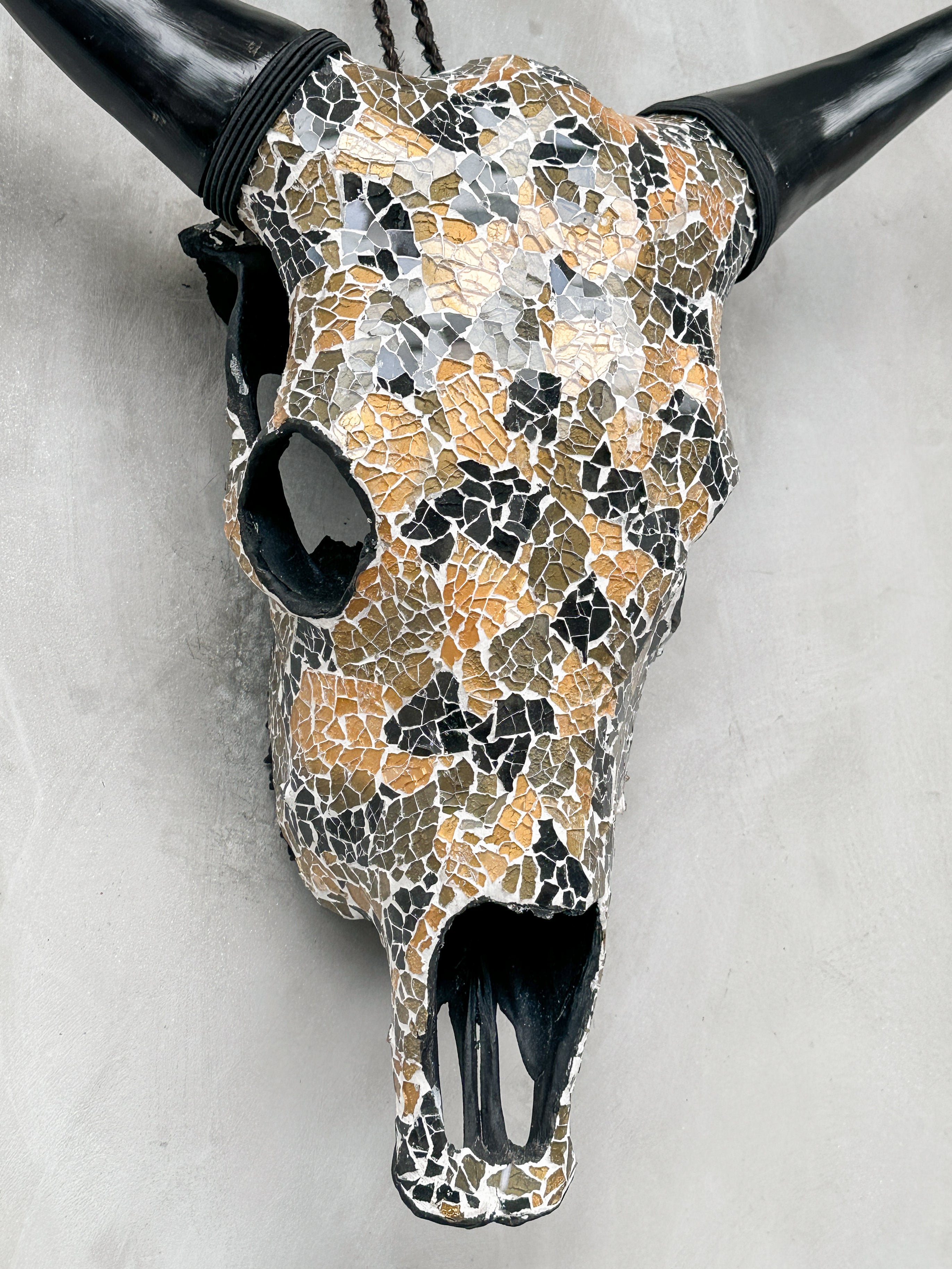 Gold Black Mosaic Cow Skull | Taxidermy Wall Art for Modern Boho or Western Decor