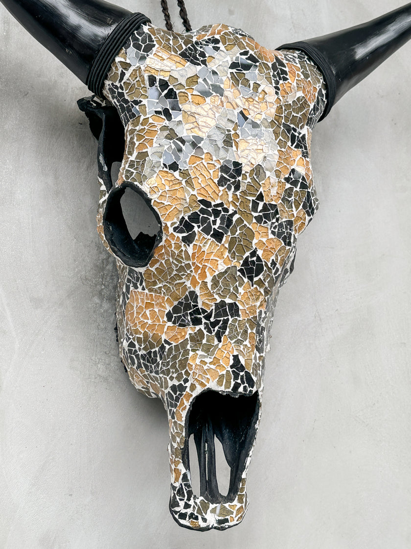 Gold Black Mosaic Cow Skull | Taxidermy Wall Art for Modern Boho or Western Decor