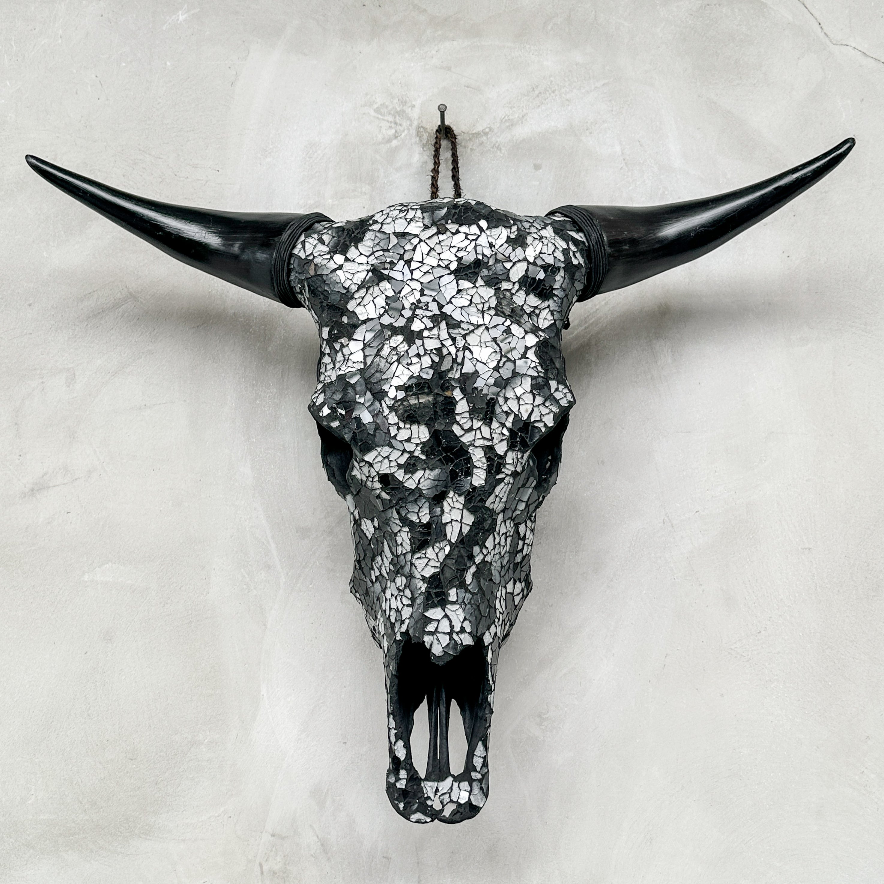 Black & Silver Mosaic Cow Skull | Taxidermy Wall Art for Modern Boho or Western Decor