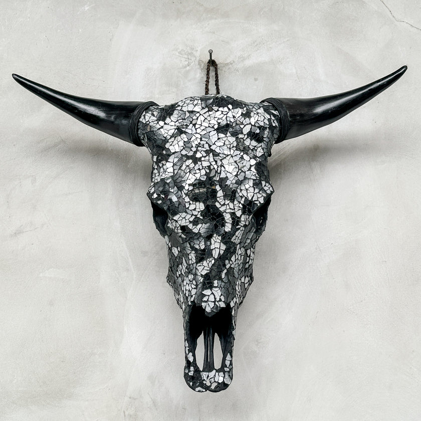 Black & Silver Mosaic Cow Skull | Taxidermy Wall Art for Modern Boho or Western Decor