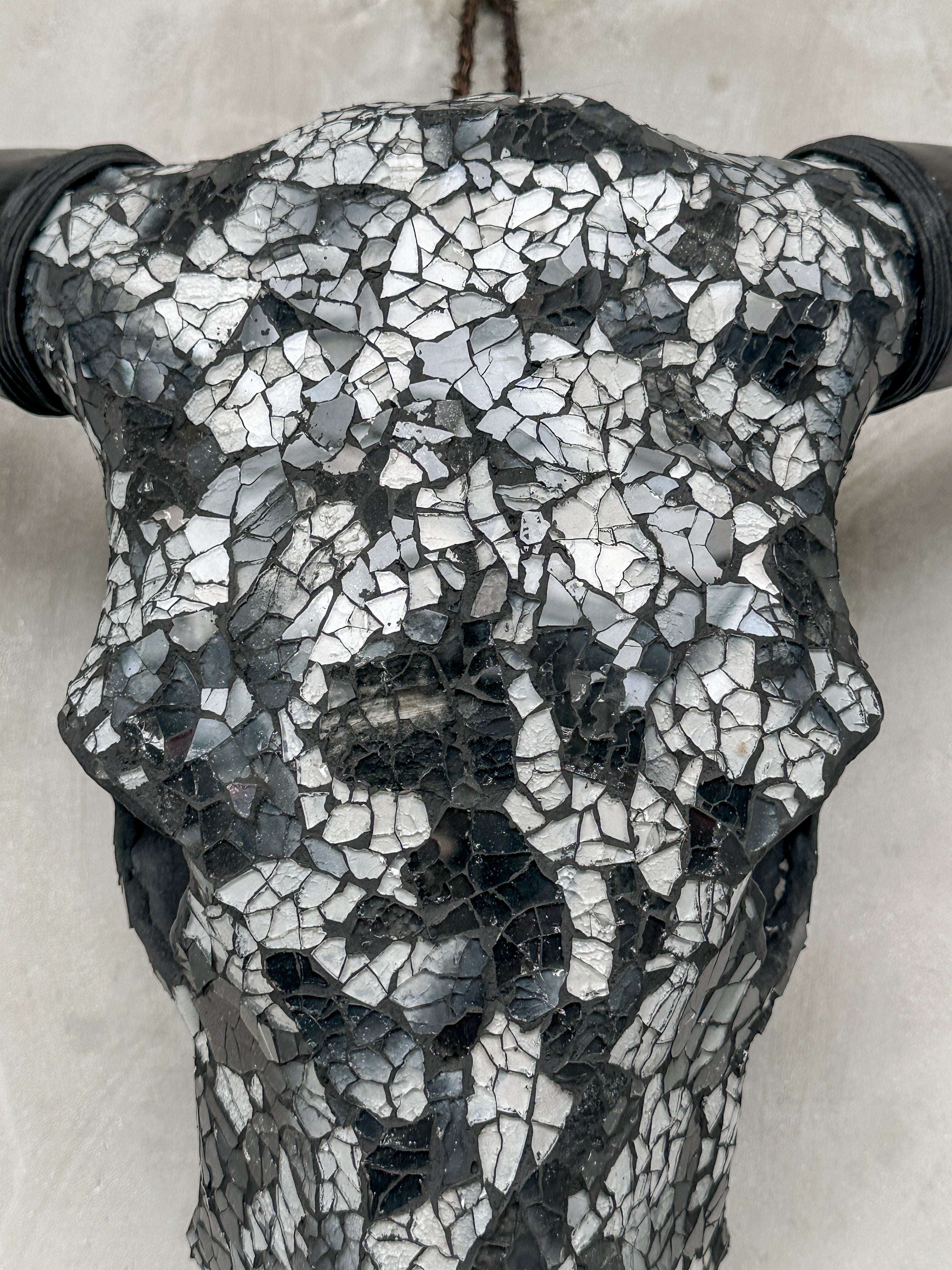 Black & Silver Mosaic Cow Skull | Taxidermy Wall Art for Modern Boho or Western Decor