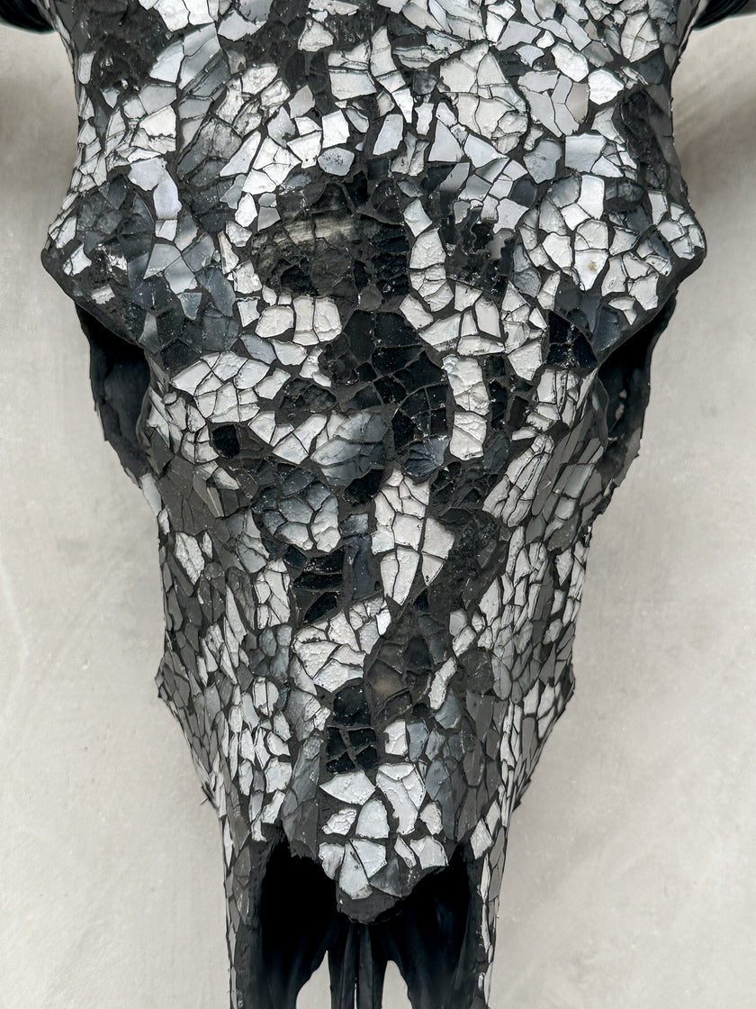 Black & Silver Mosaic Cow Skull | Taxidermy Wall Art for Modern Boho or Western Decor