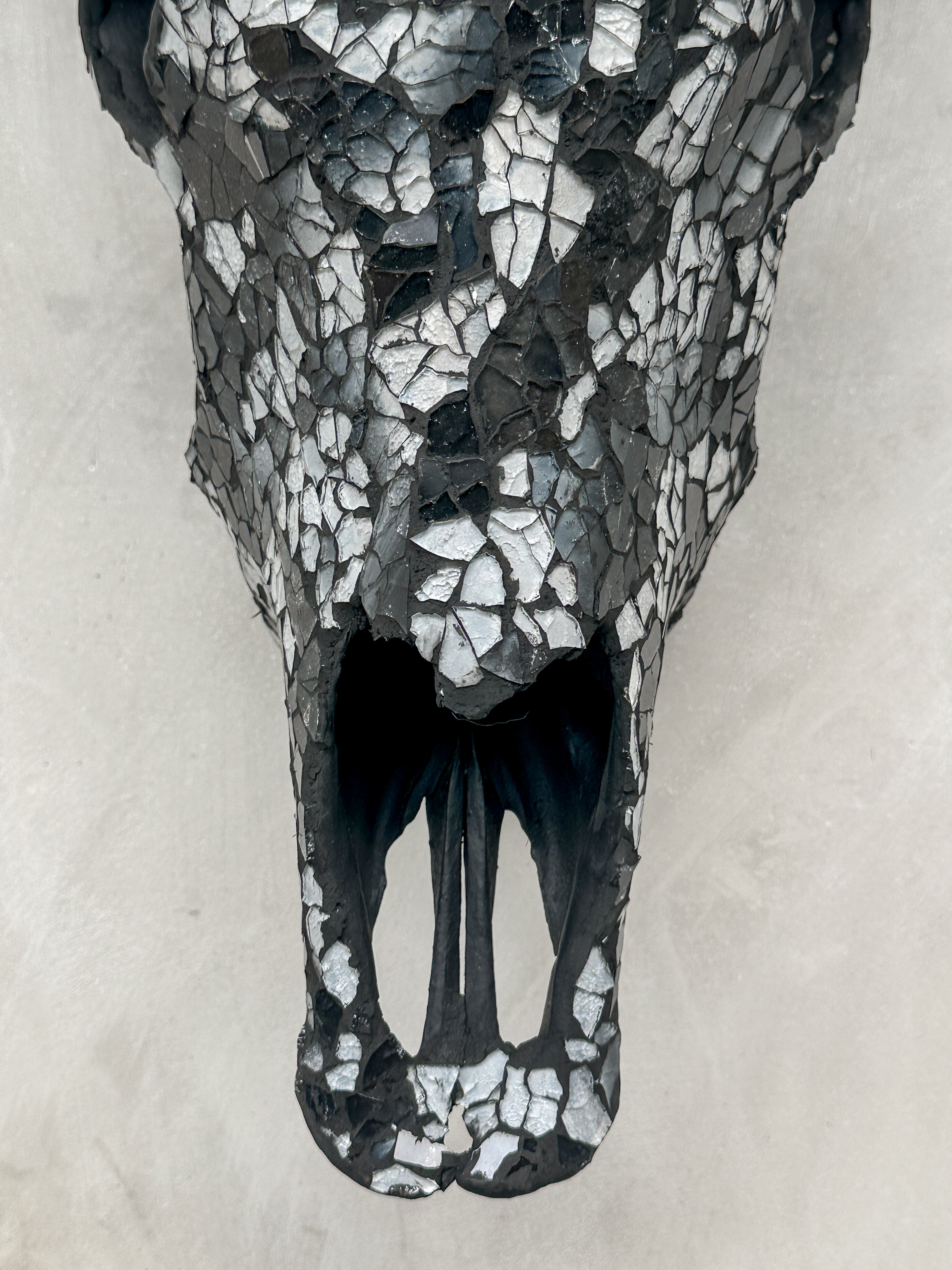 Black & Silver Mosaic Cow Skull | Taxidermy Wall Art for Modern Boho or Western Decor