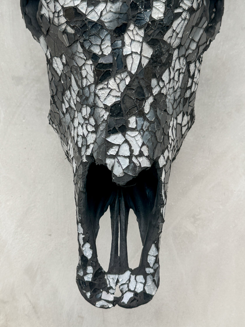 Black & Silver Mosaic Cow Skull | Taxidermy Wall Art for Modern Boho or Western Decor
