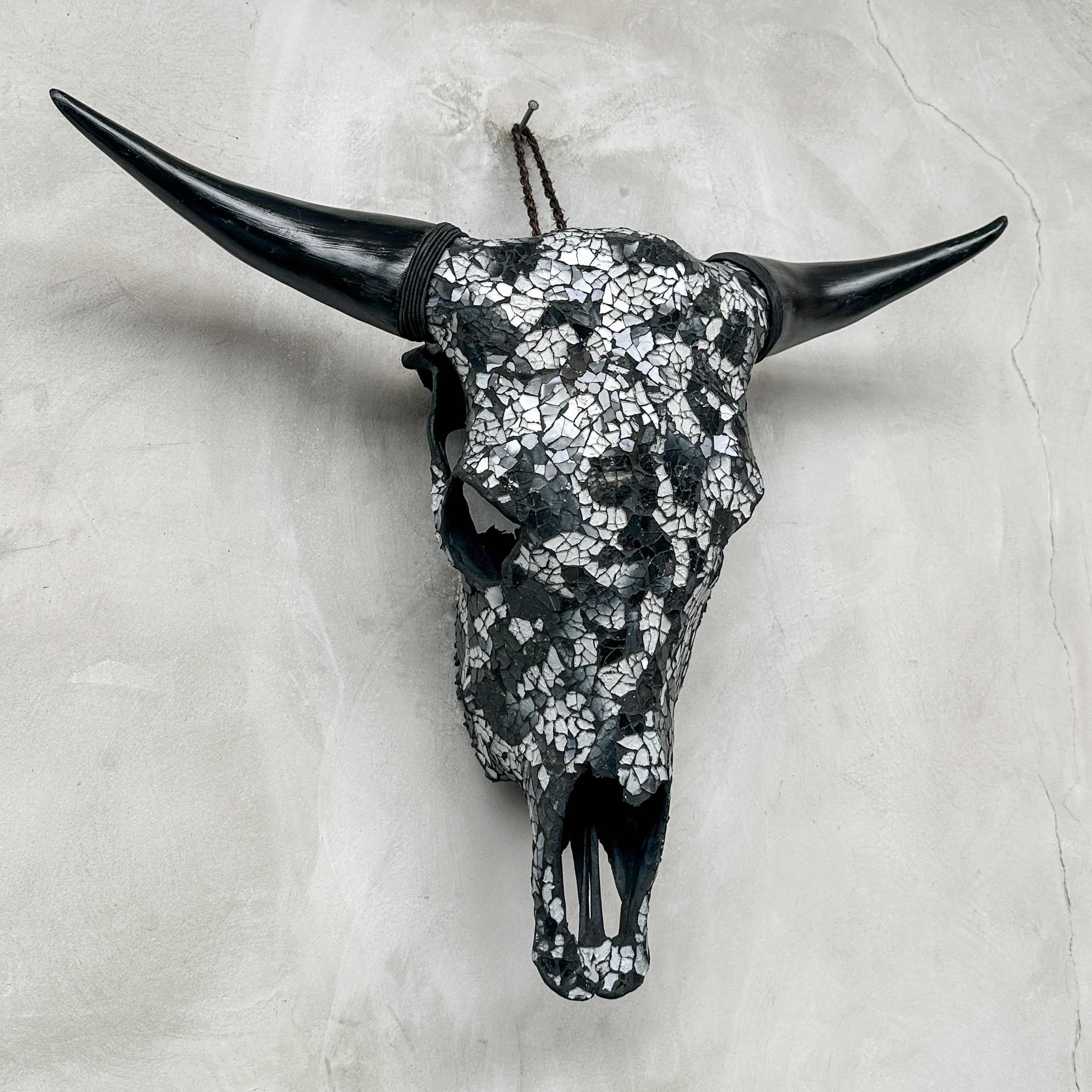 Black & Silver Mosaic Cow Skull | Taxidermy Wall Art for Modern Boho or Western Decor