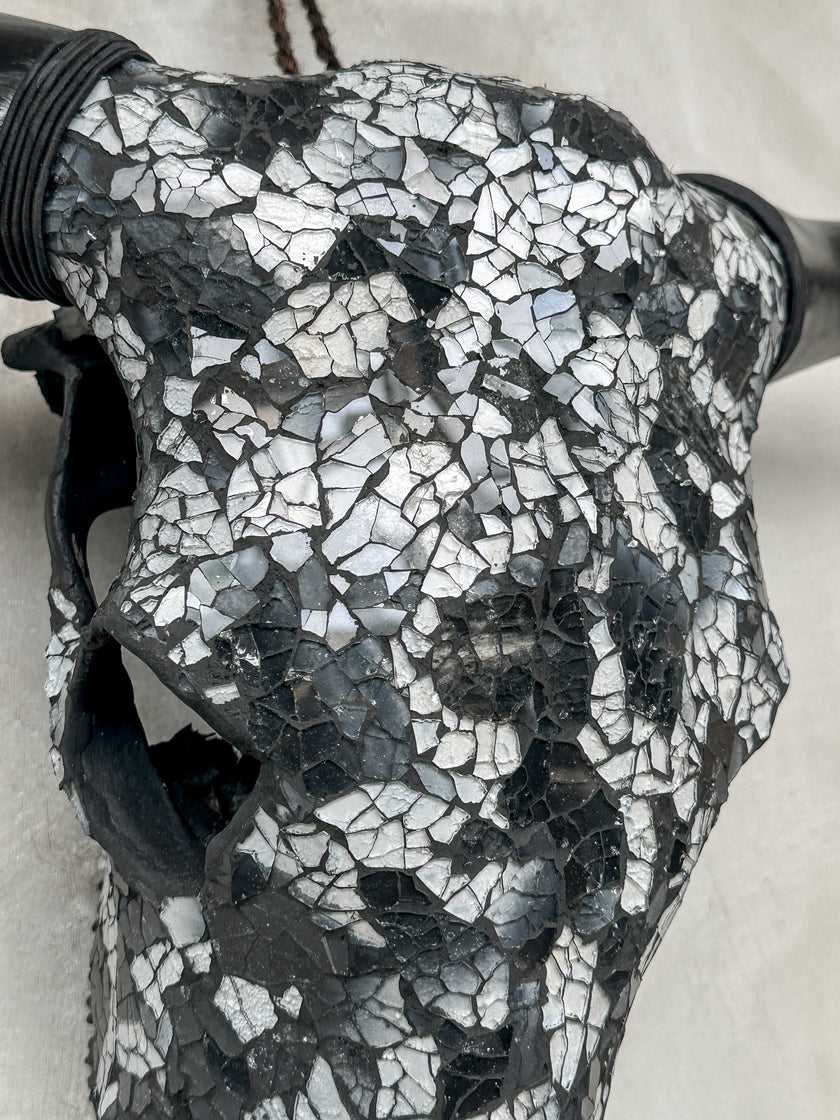 Black & Silver Mosaic Cow Skull | Taxidermy Wall Art for Modern Boho or Western Decor