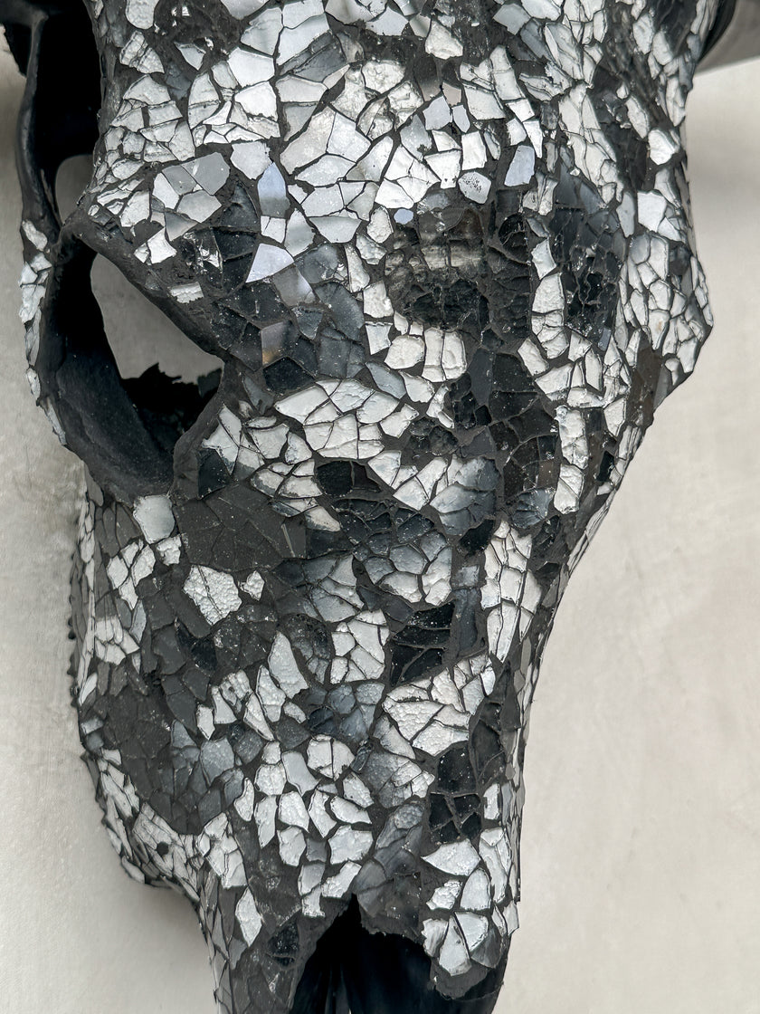 Black & Silver Mosaic Cow Skull | Taxidermy Wall Art for Modern Boho or Western Decor