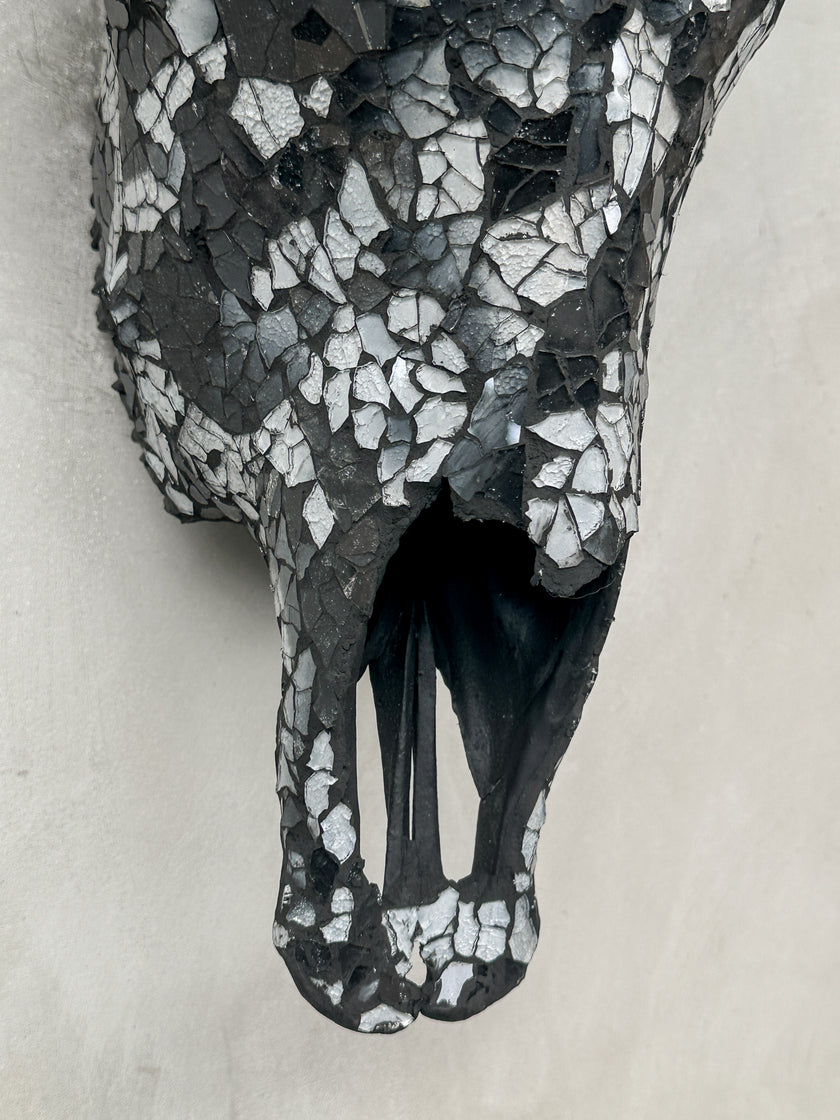 Black & Silver Mosaic Cow Skull | Taxidermy Wall Art for Modern Boho or Western Decor