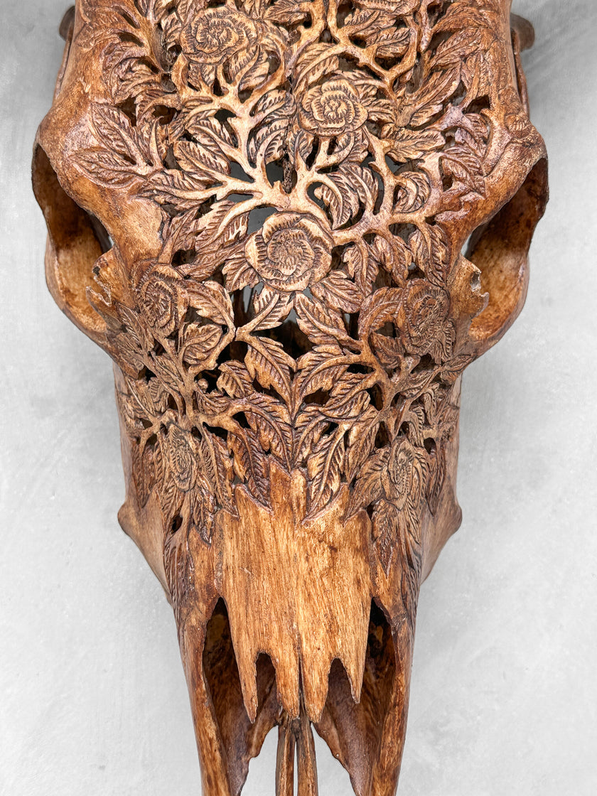 Fully carved cow skulls with Rose Carving Skull,A/086