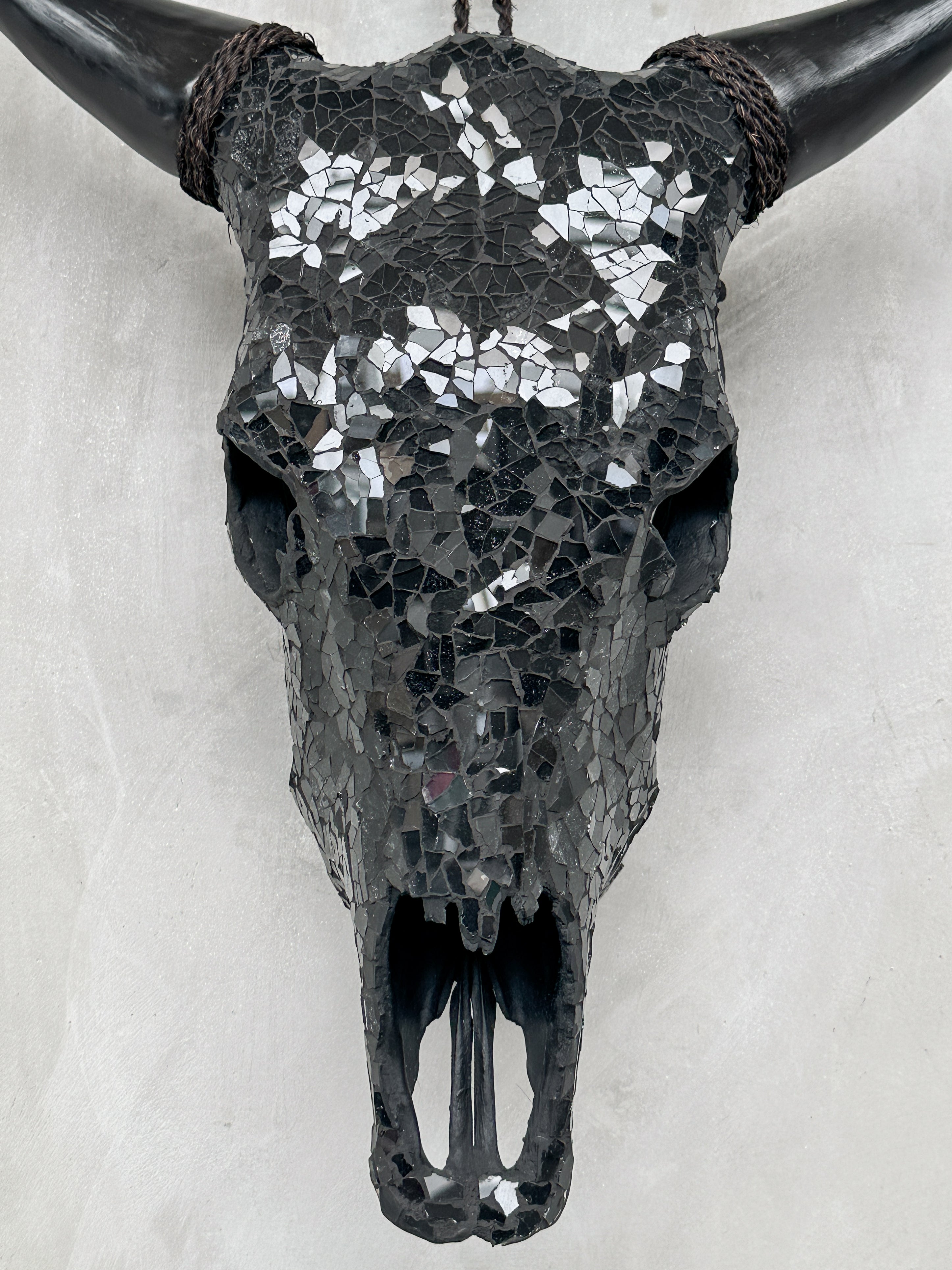 Black Mosaic Cow Skull | Taxidermy Wall Art for Modern Boho or Western Decor