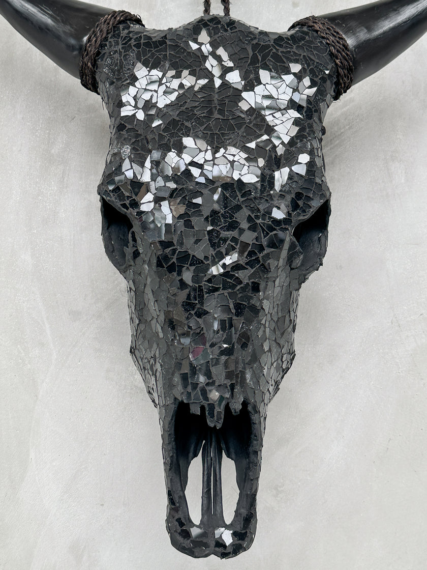 Black Mosaic Cow Skull | Taxidermy Wall Art for Modern Boho or Western Decor