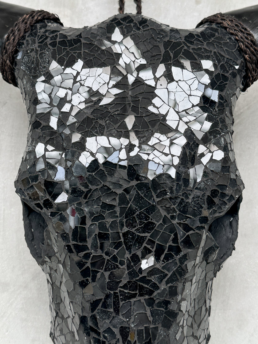 Black Mosaic Cow Skull | Taxidermy Wall Art for Modern Boho or Western Decor