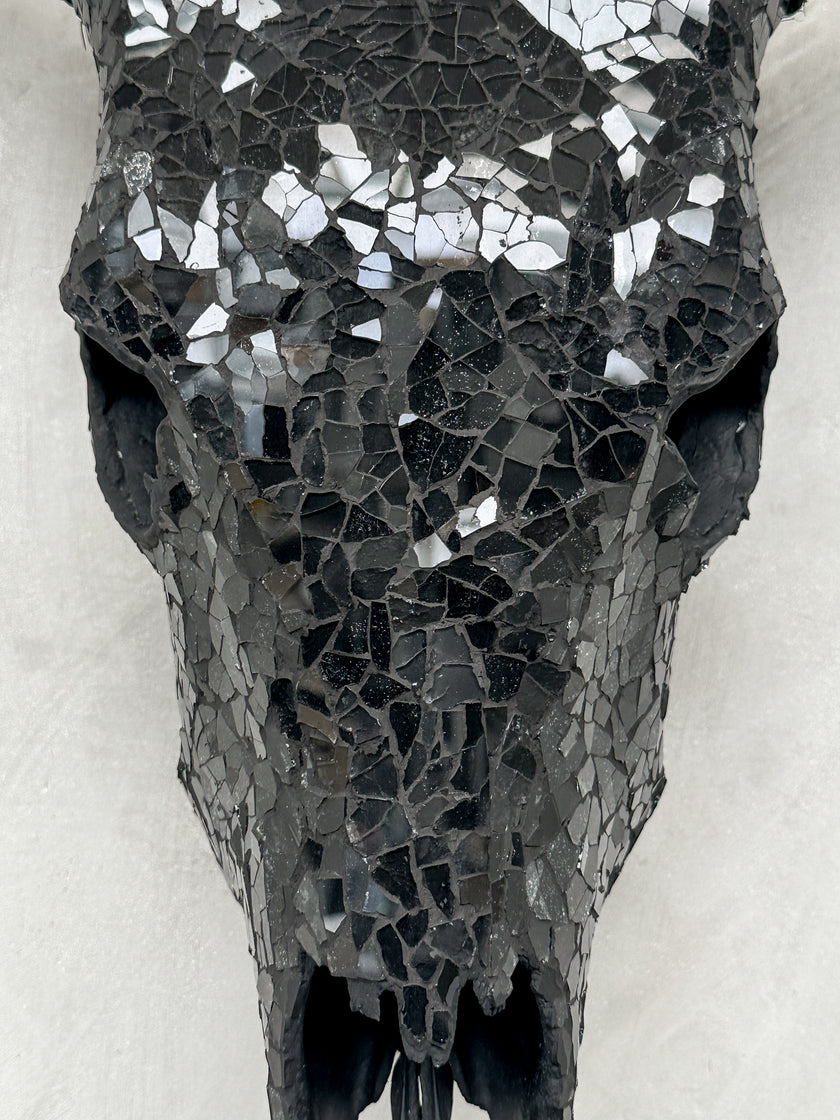 Black Mosaic Cow Skull | Taxidermy Wall Art for Modern Boho or Western Decor