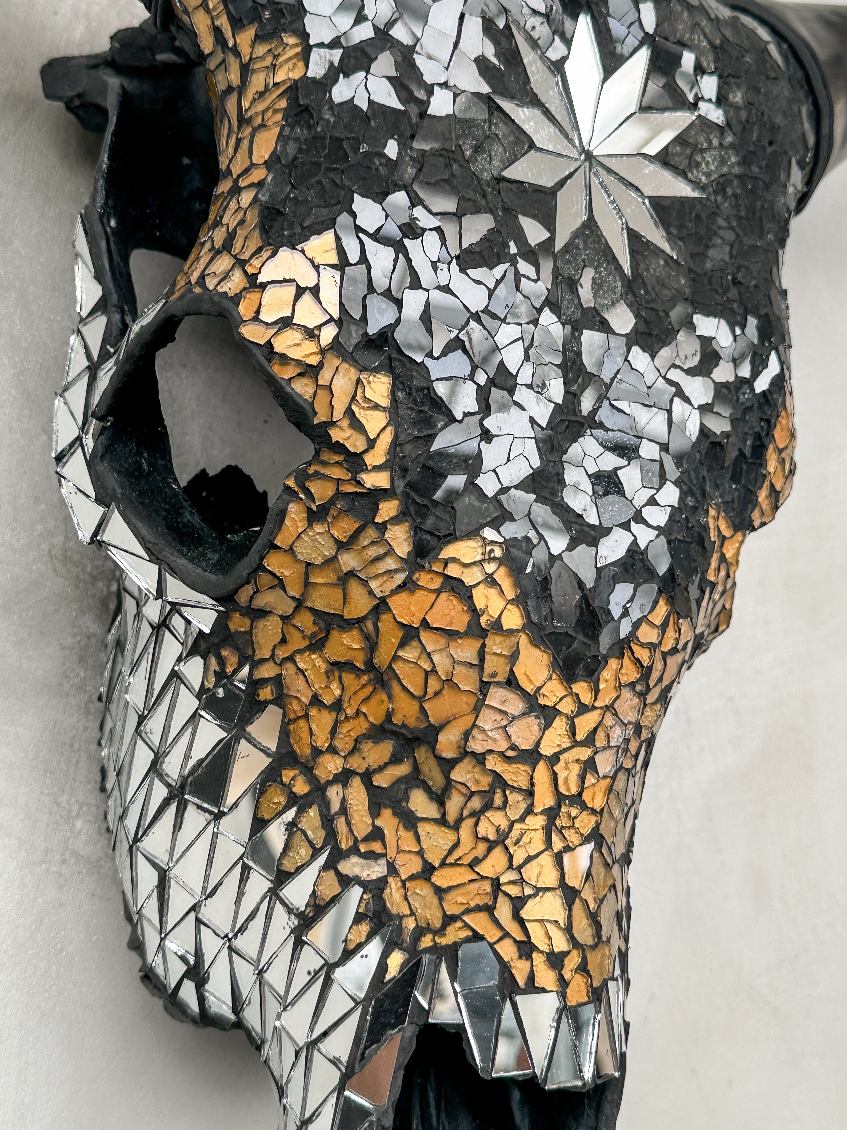 Star Gold Black Silver Mosaic Cow Skull | Taxidermy Wall Art for Modern Boho or Western Decor