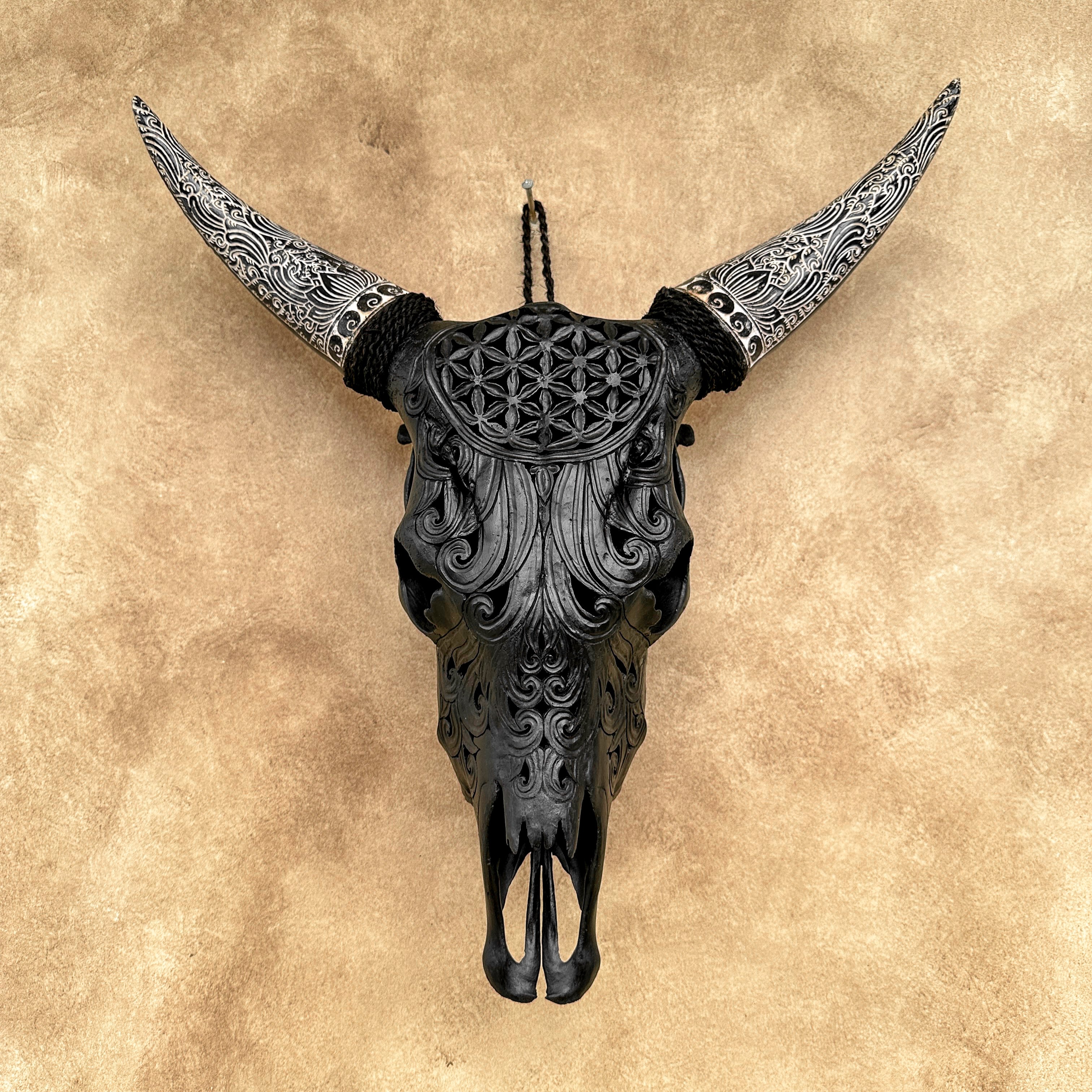 Fully carved cow skulls with Flower Of life Carving Skull,A/082