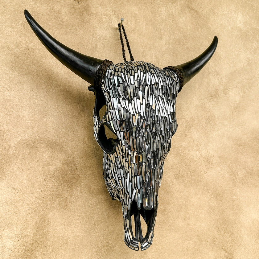 Silver Mosaic Cow Skull | Taxidermy Wall Art for Modern Boho or Western Decor