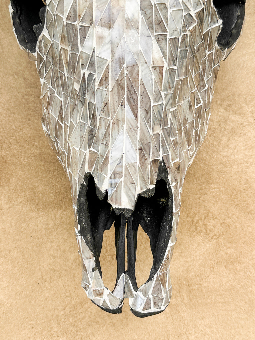 Warm White Mosaic Cow Skull | Taxidermy Wall Art for Modern Boho or Western Decor