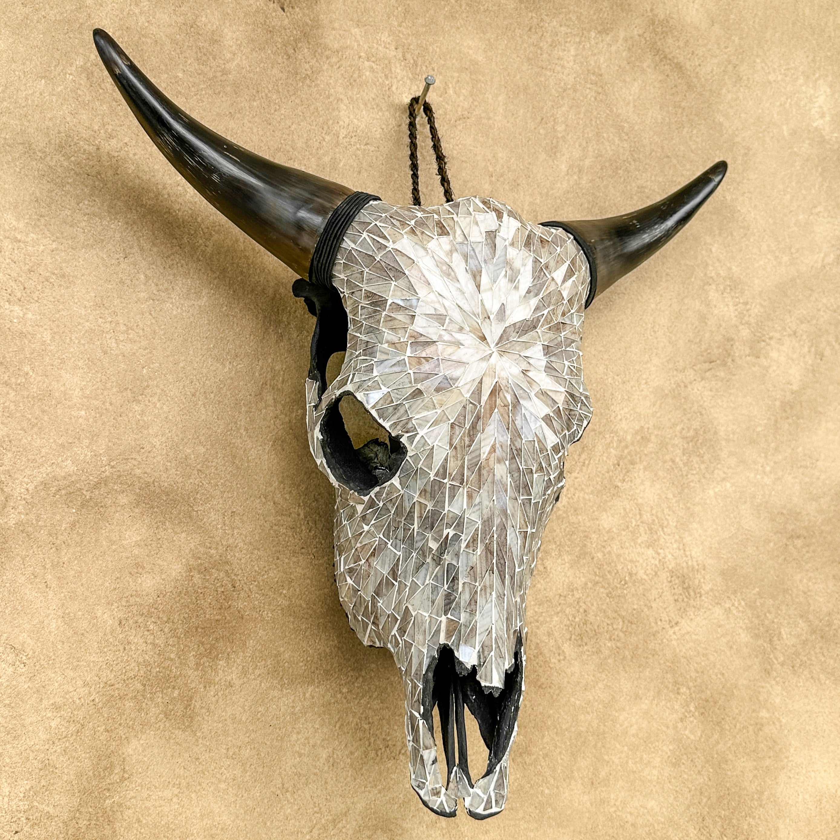 Warm White Mosaic Cow Skull | Taxidermy Wall Art for Modern Boho or Western Decor
