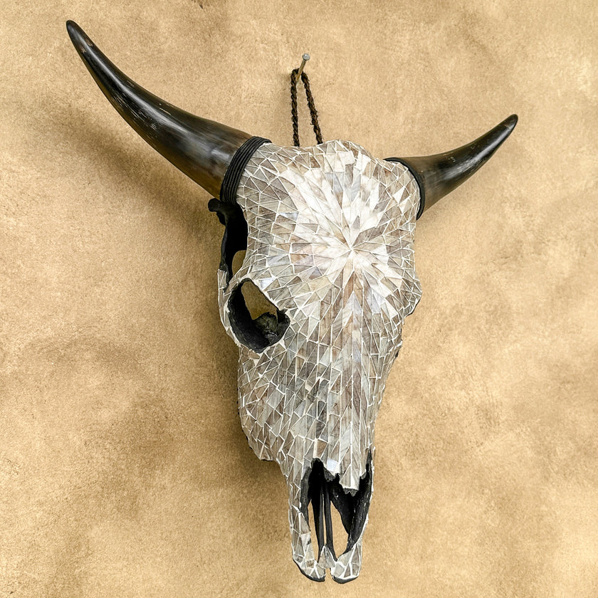 Warm White Mosaic Cow Skull | Taxidermy Wall Art for Modern Boho or Western Decor