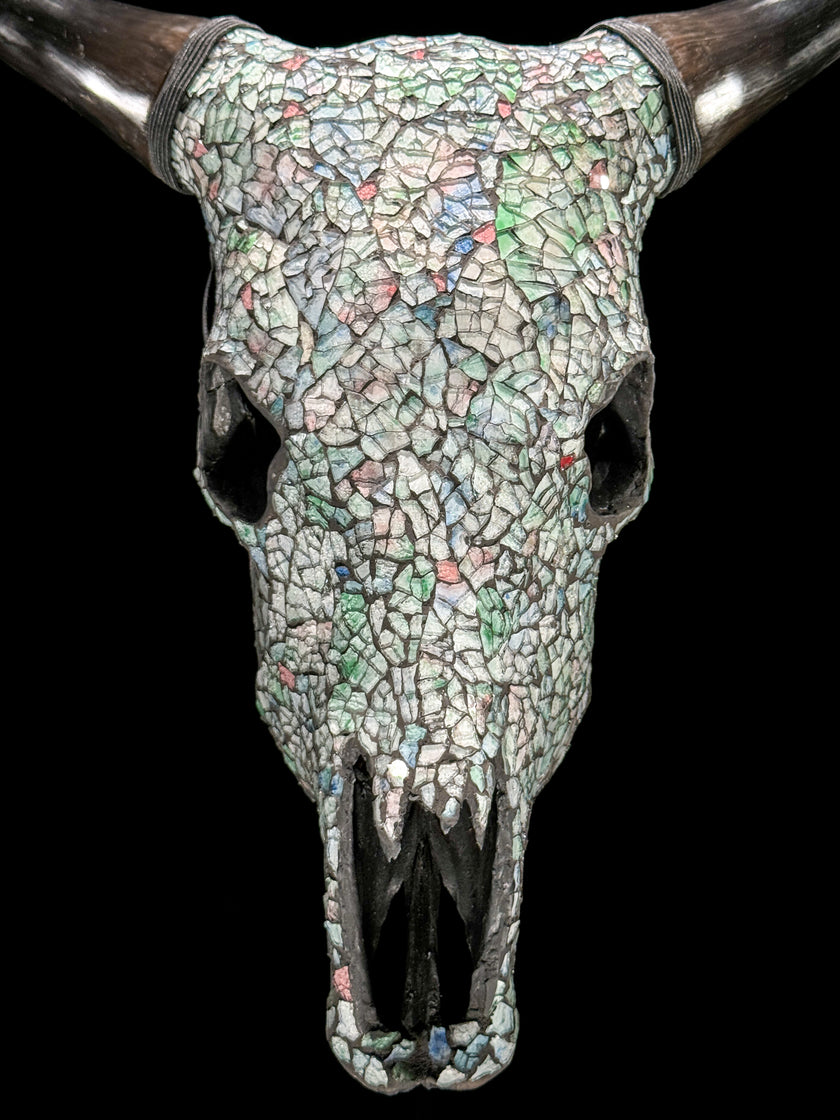 Pastel Green Mosaic Cow Skull | Taxidermy Wall Art for Modern Boho or Western Decor