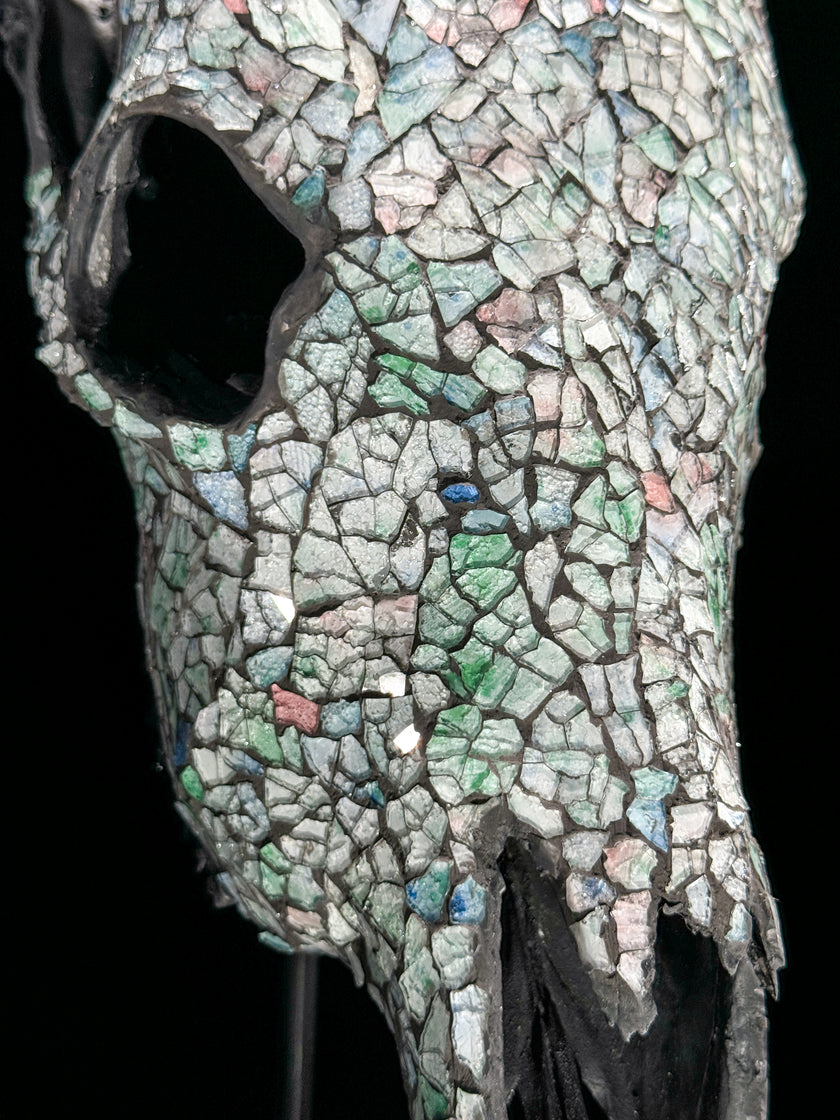 Pastel Green Mosaic Cow Skull | Taxidermy Wall Art for Modern Boho or Western Decor