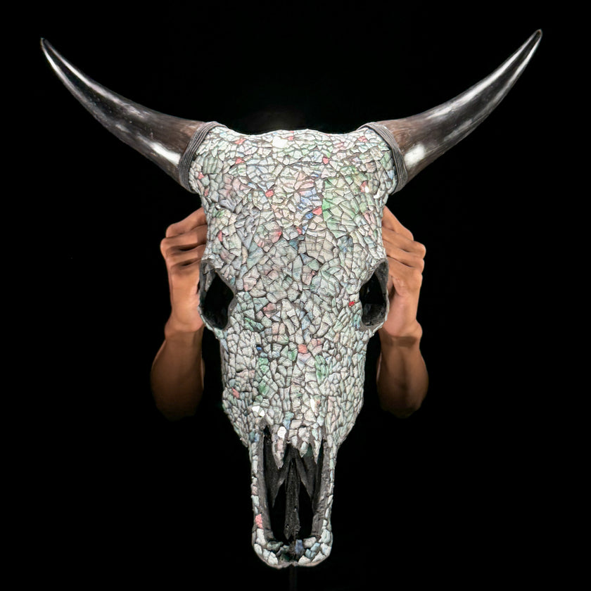 Pastel Green Mosaic Cow Skull | Taxidermy Wall Art for Modern Boho or Western Decor