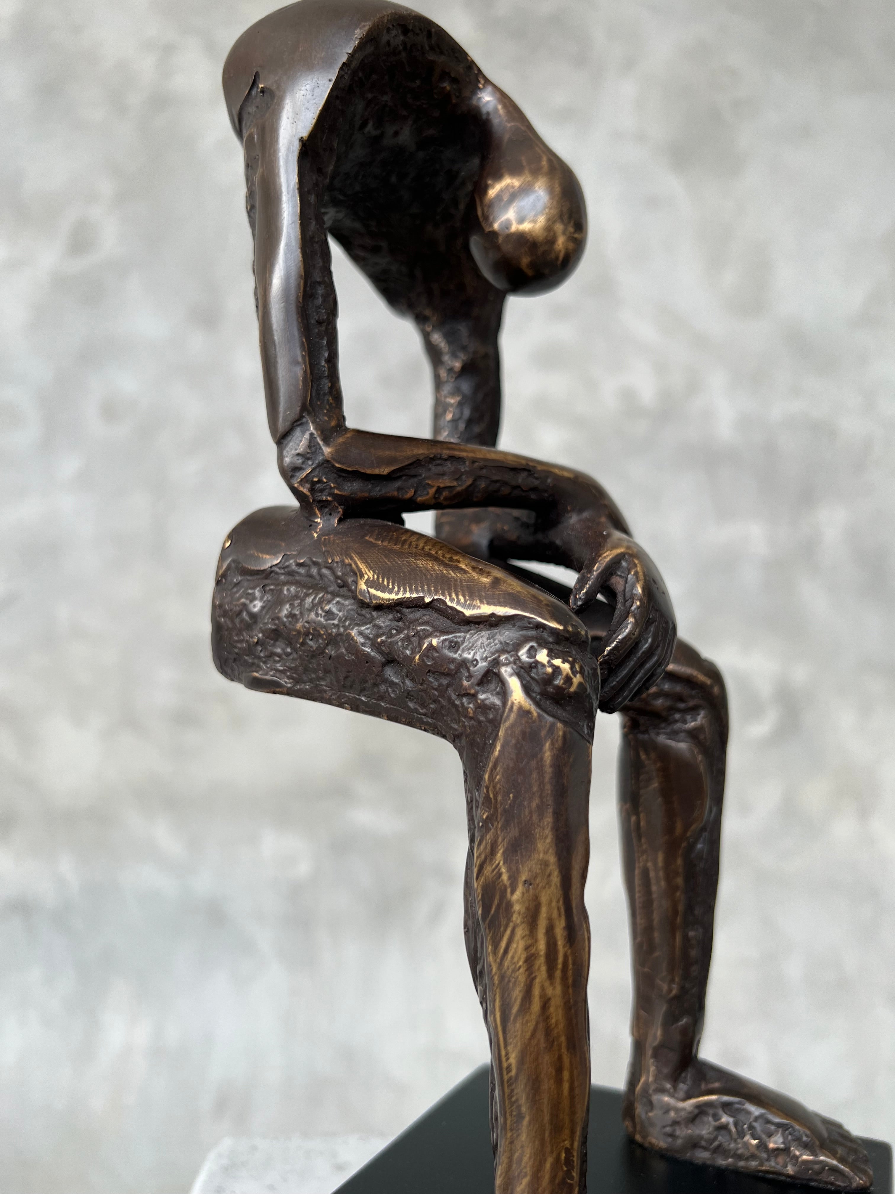 Abstract Man Contemplative Sculpture Brown Bronze on a Base - M