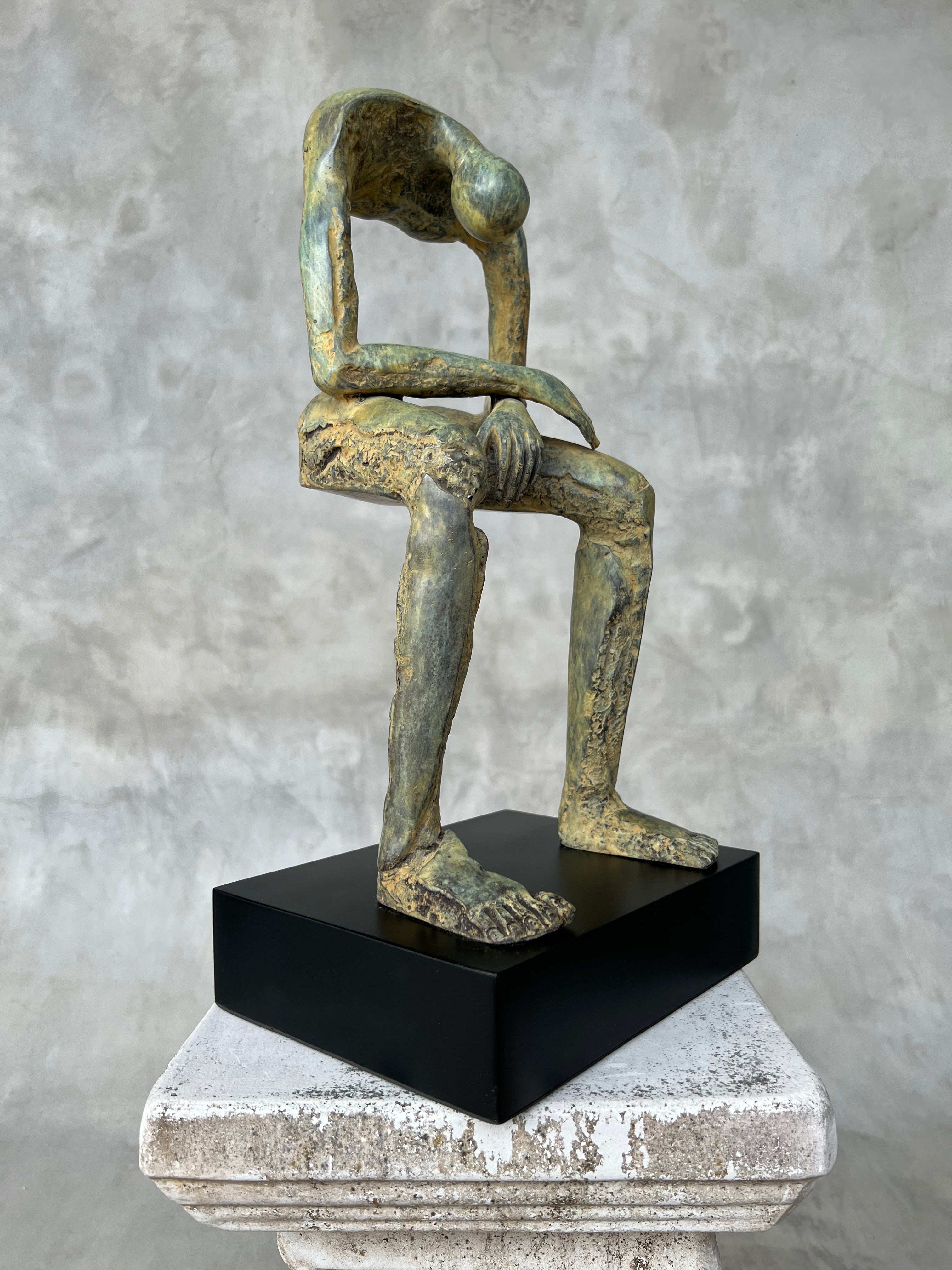 Abstract Man Contemplative Sculpture Patinated Bronze - Large