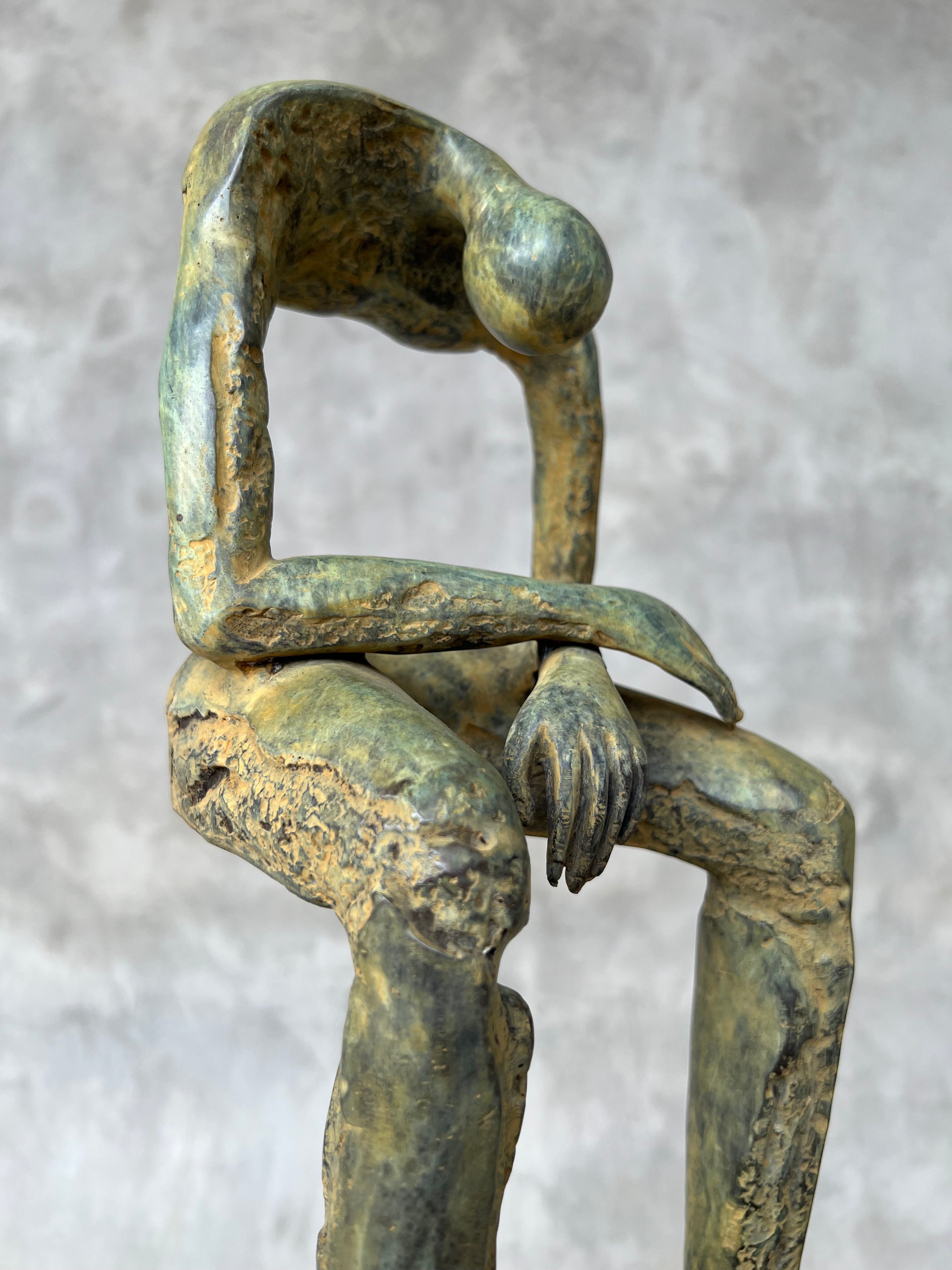 Abstract Man Contemplative Sculpture Patinated Bronze - Large