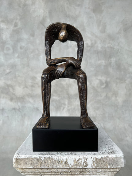 Abstract Man Contemplative Sculpture Brown Bronze on a Base - M