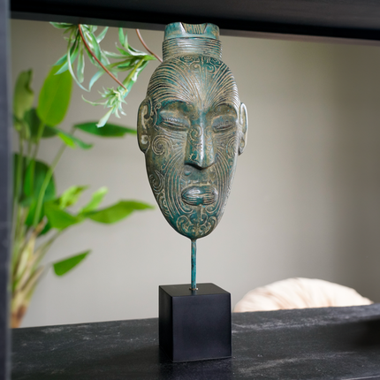 Maori Mask on Stand Blue Patinated