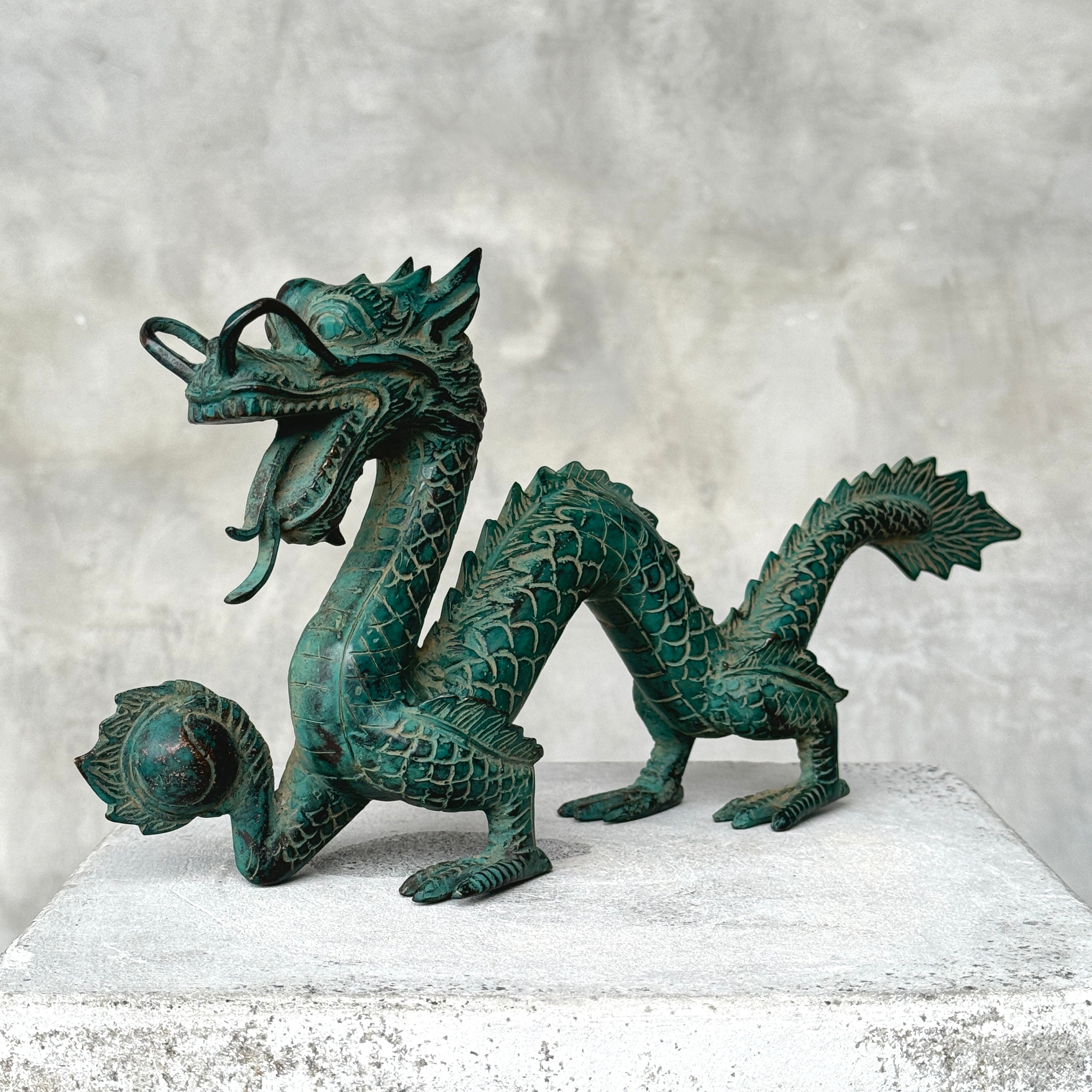 Chinese Dragon Patinated Bronze Sculpture on Stand