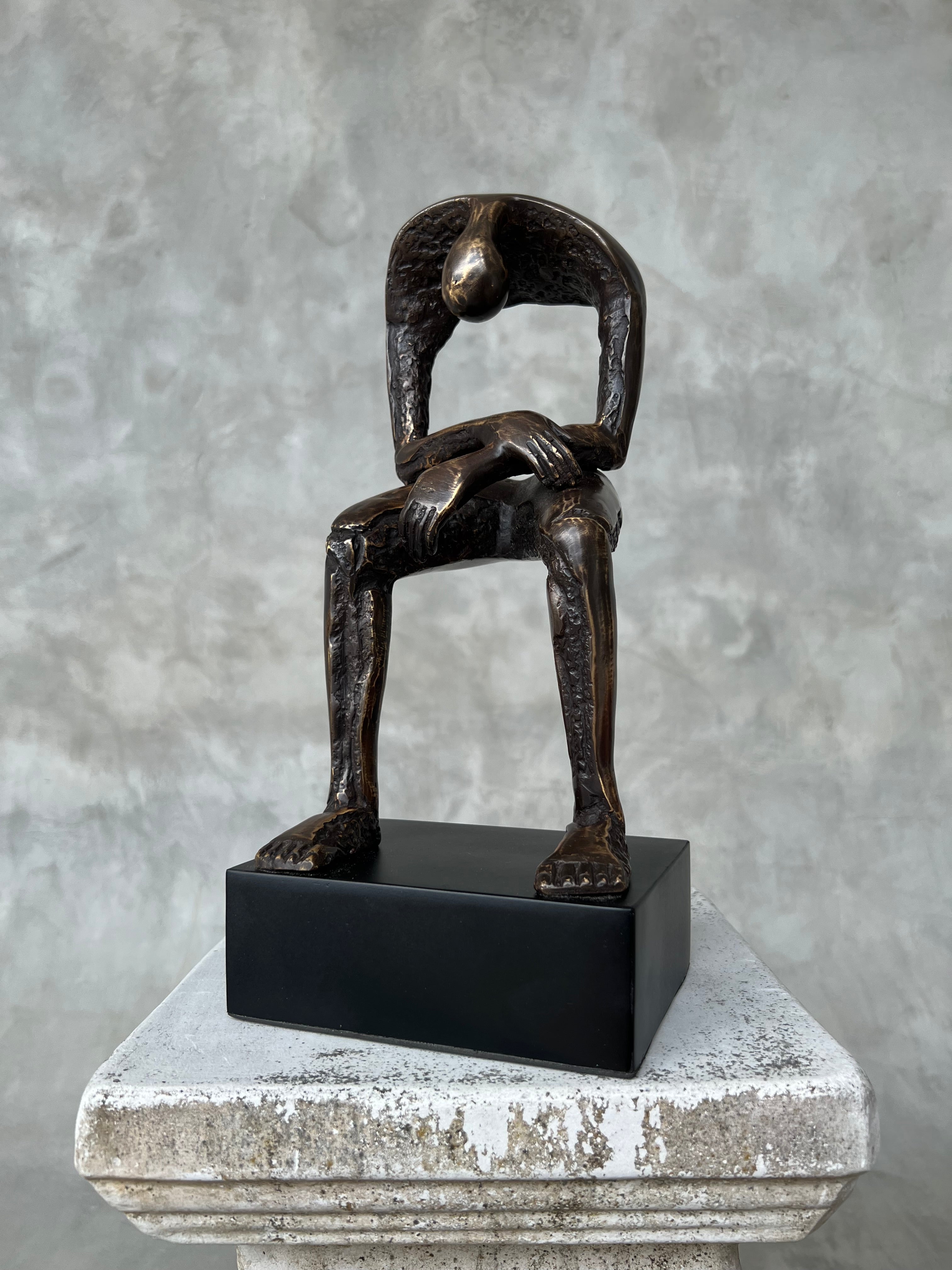 Abstract Man Contemplative Sculpture Brown Bronze on a Base - M