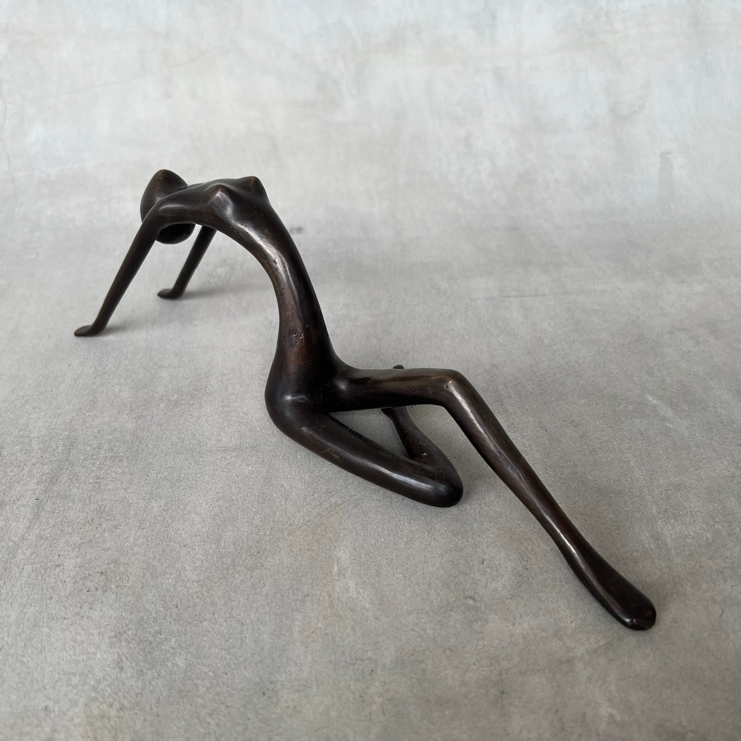 Stretching Lady Bronze Sculpture Blue Patinated