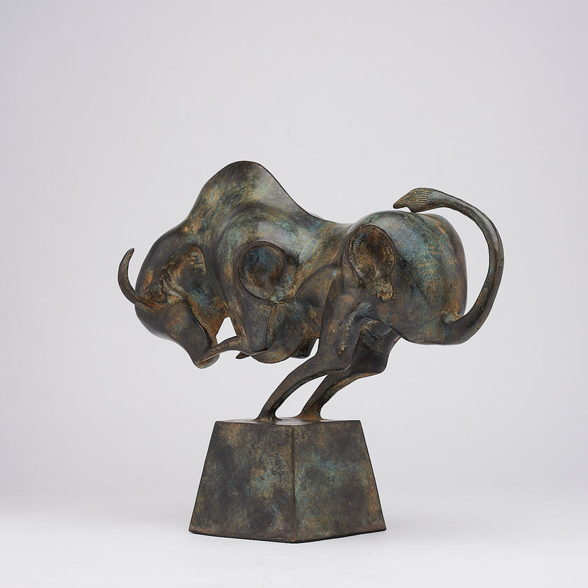 Cubist Bull Dark Rusty Patinated on a Base Large