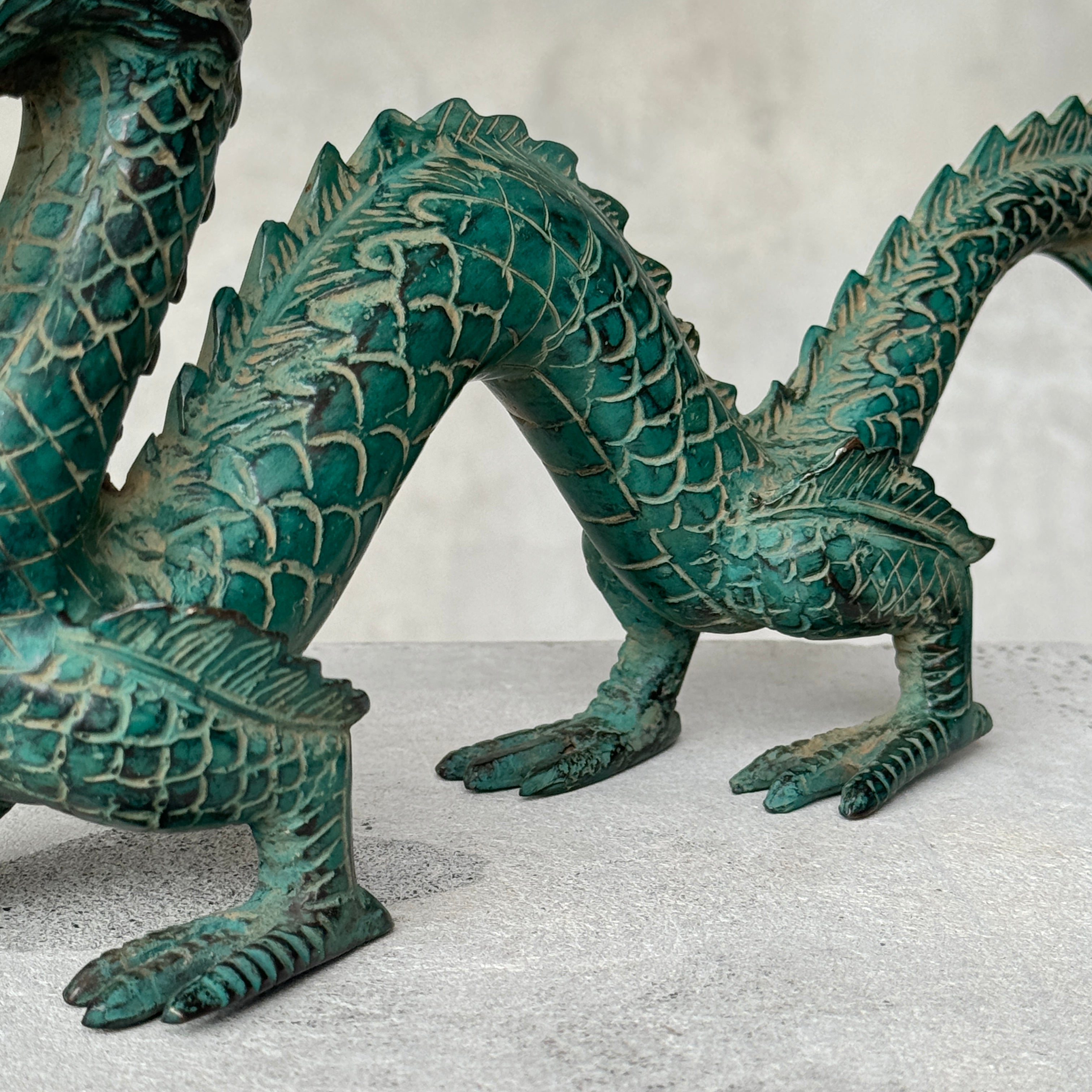 Chinese Dragon Patinated Bronze Sculpture on Stand