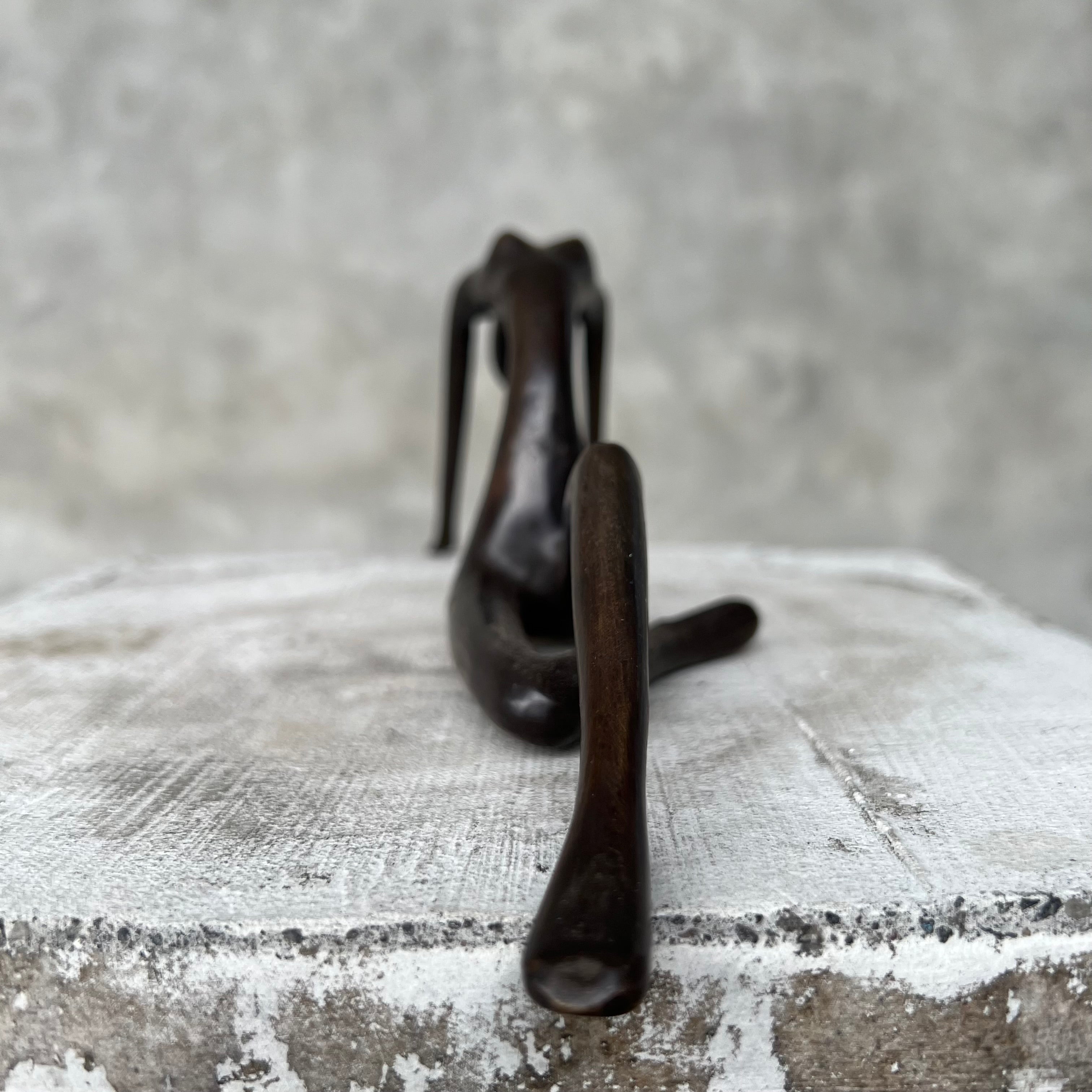 Stretching Lady Bronze Sculpture Blue Patinated