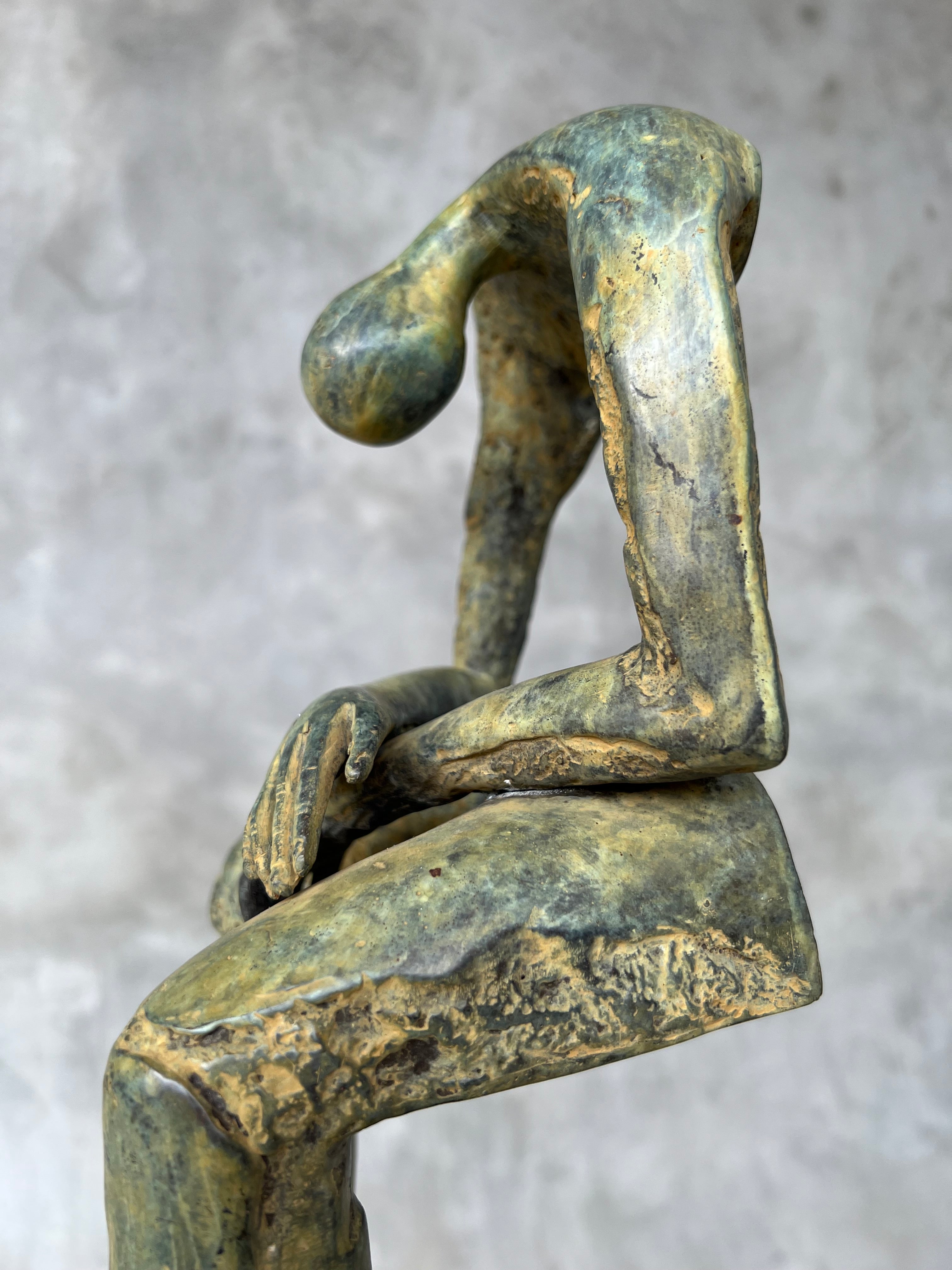 Abstract Man Contemplative Sculpture Patinated Bronze - Large