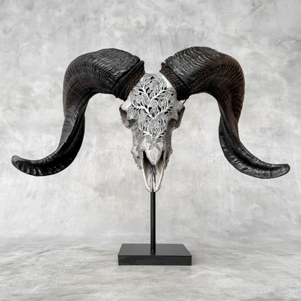Hand Carved Ram Skull with Floral Rose Design – Real Grey Ram Skull on Stand for Gothic, Rustic, or Boho Interior Decor - Skull,A/112